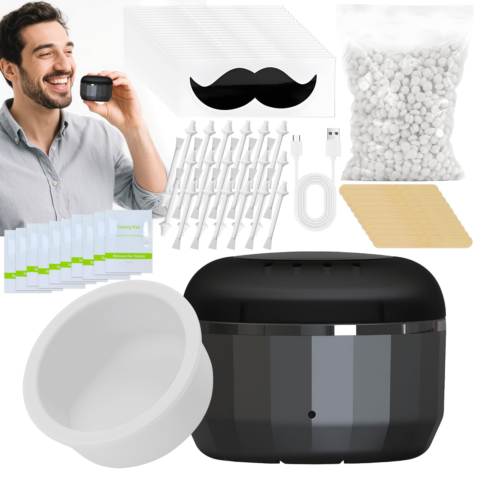 Zestaw do woskowania nosa dla mężczyzn, przenośny zestaw woskowy do usuwania włosów, szybkie podgrzewanie USB, mini dzbanek z woskiem 100 g, 30 patyczków do woskowania uszu nosa, 20 szablonów