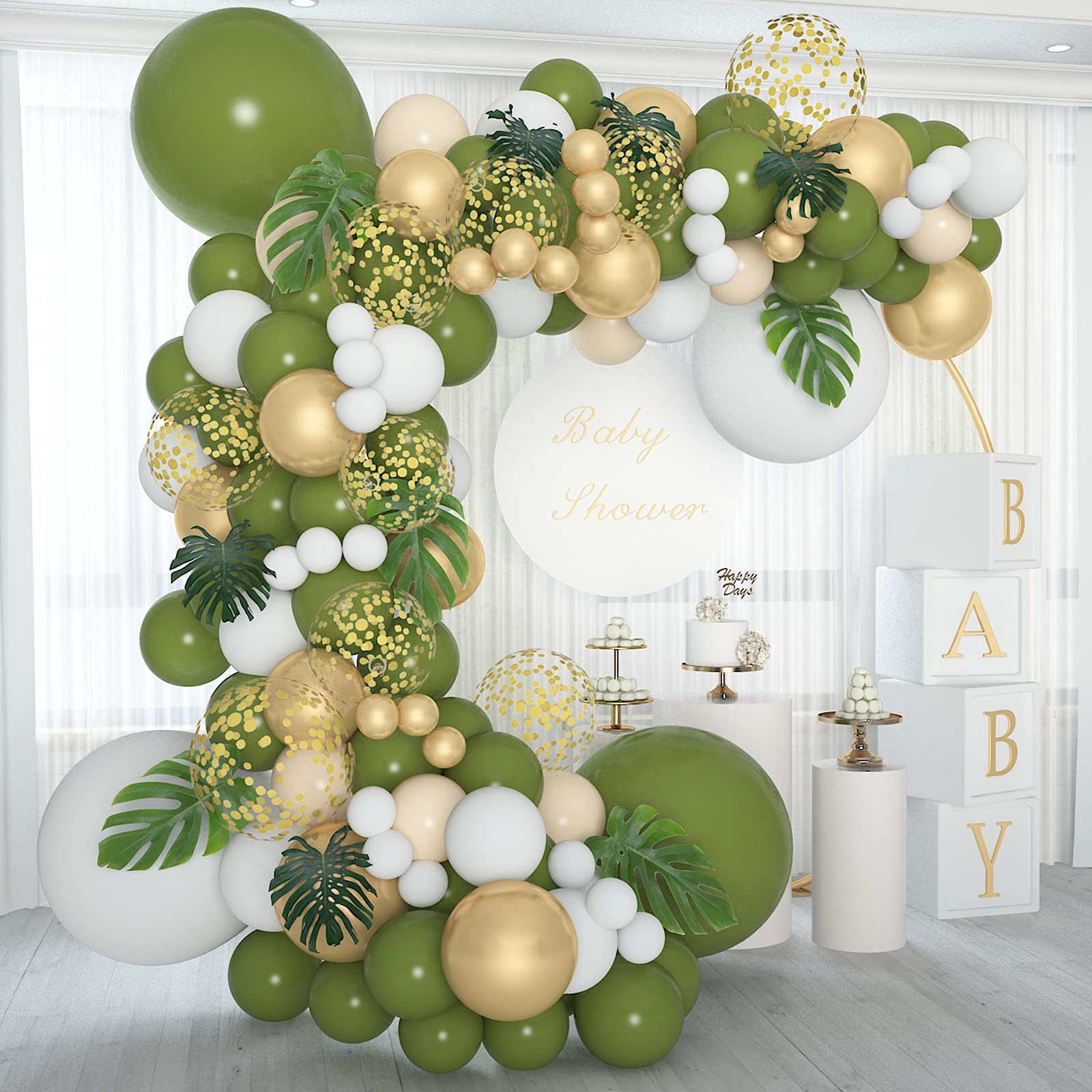 Soonlyn Sage Green Balloon Garland Kit 140 Pcs 18In 12In 10In 5In with Large Leaves, Olive Green Balloon Arch Kit for Baby Shower Bridal Shower Birthday Party Decorations
