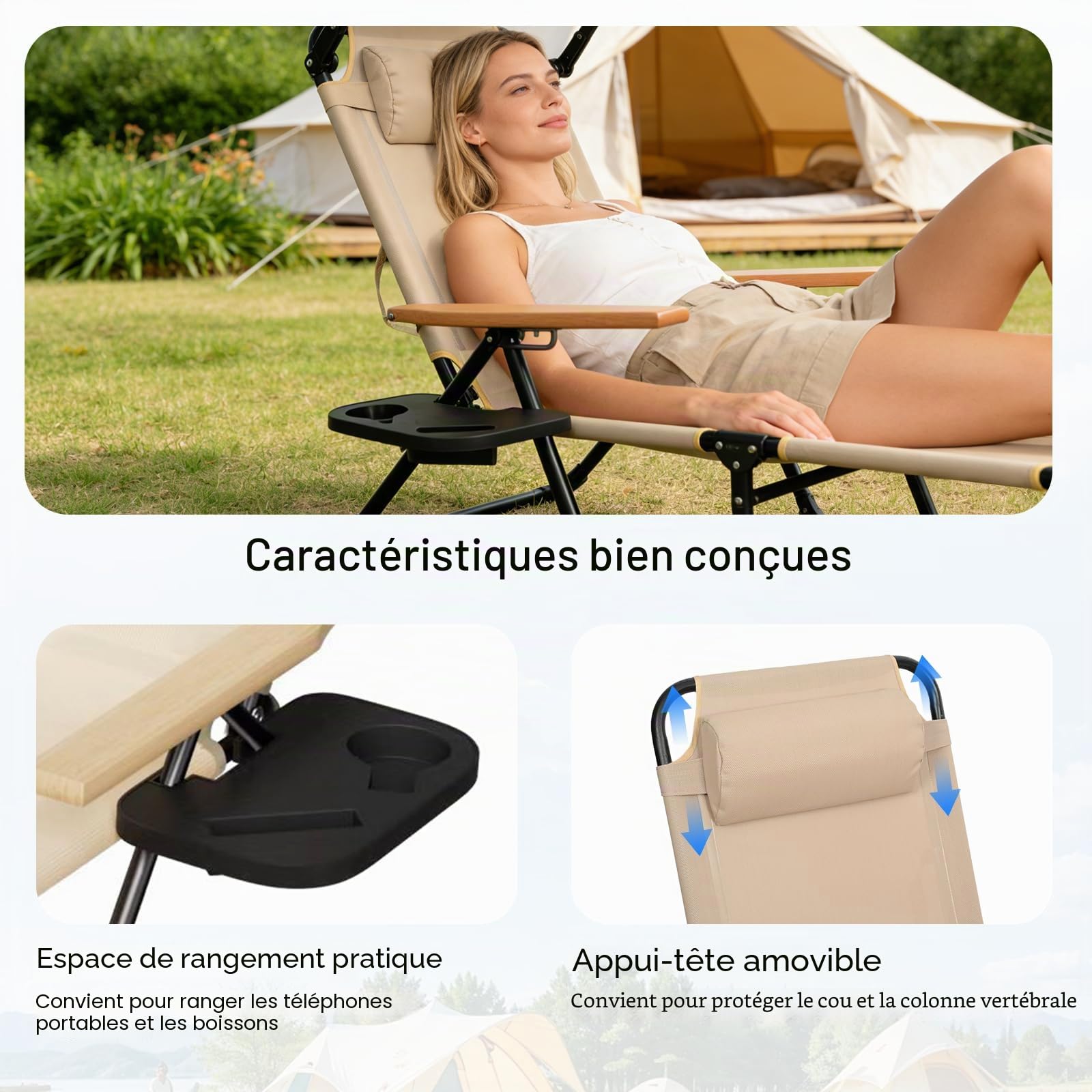 Chaise Longue Pliable Inclinable 4 Positions Transat, Charge Max 150KG, Transat Pliant Légère et Pliable, Fauteuil Relax Jardin pour Jardin Terrasse Piscine Plage Camping (Beige avec auvent)