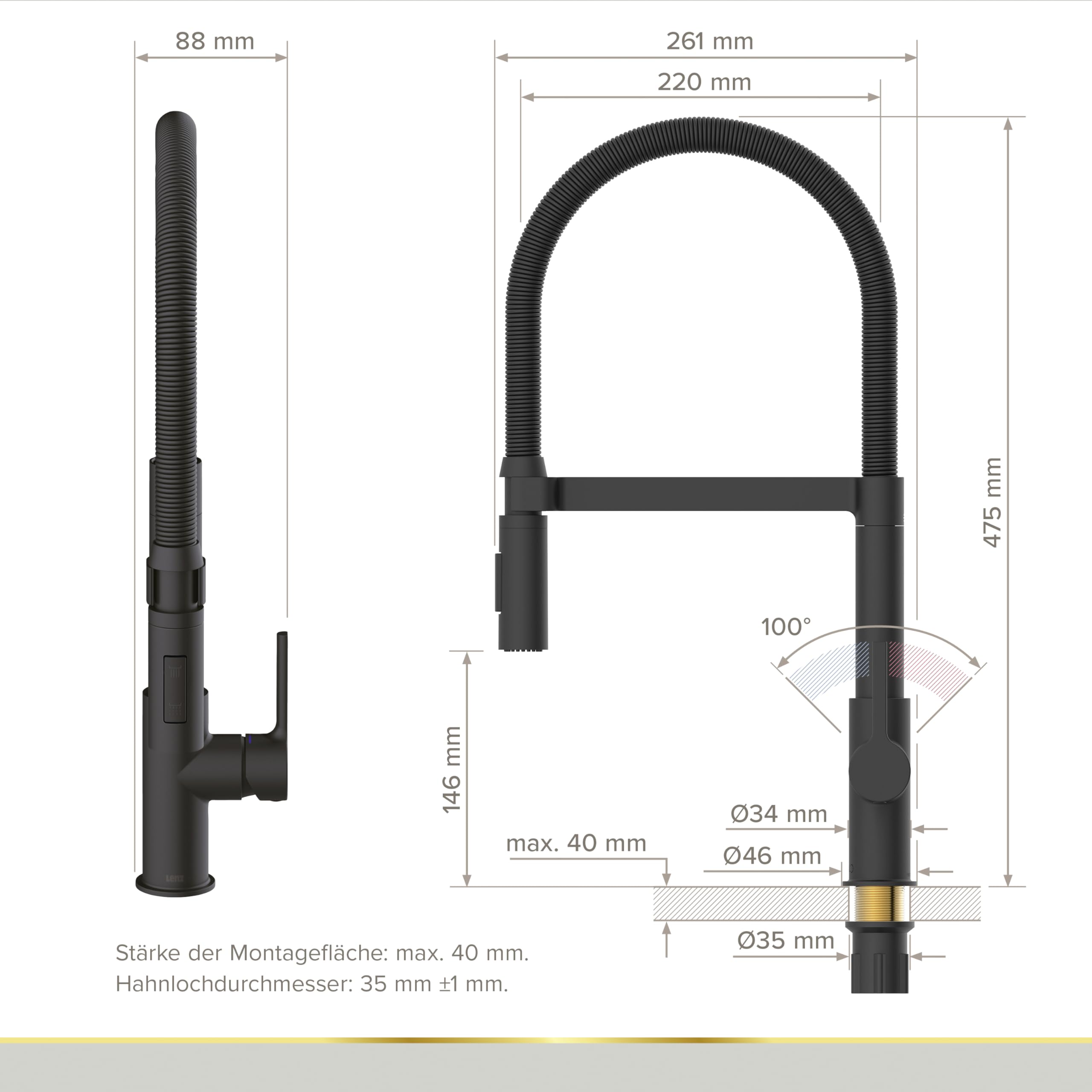 Lenz Küchenarmatur ALUNA in Schwarz-matt – Federbrause, 360° schwenkbar | Pendelbrause, 2 Strahlarten, Magnetische Halterung, Anti-Fingerabdruck Oberfläche, Schnellbefestigung, Höhe 47,5 cm, 46070551
