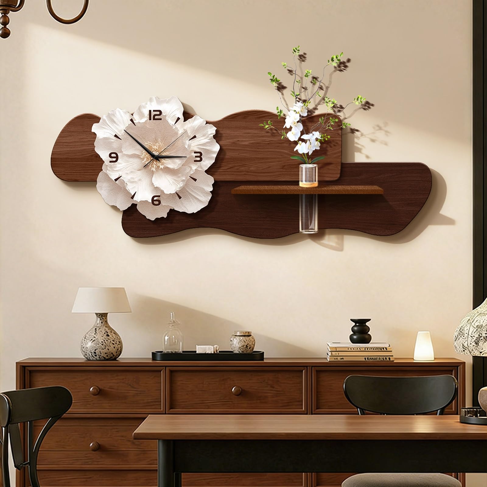 ITOSUI Crystal Porcelain Decorative Art Wall Clock,Flower Wall Clock,Non-Ticking,Battery Operated,Simple Wall Decoration,for Living Room,Bedroom,Dining Room(Brown,47.2 * 17.7in)