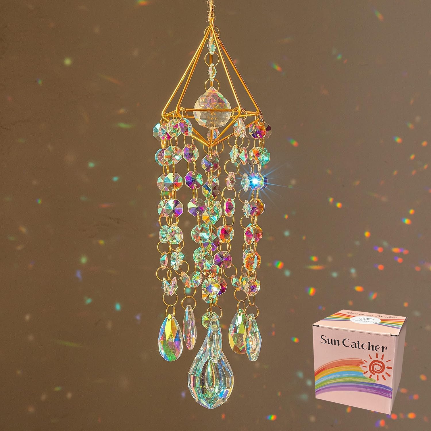 Photo 1 of HDCRYSTALGIFTS Crystal Suncatchers for Window Hanging Wind Chime Style Garden Sun Catchers with Crystals Rainbow Maker Indoor Outdoor Decor Handmade Gold Plated