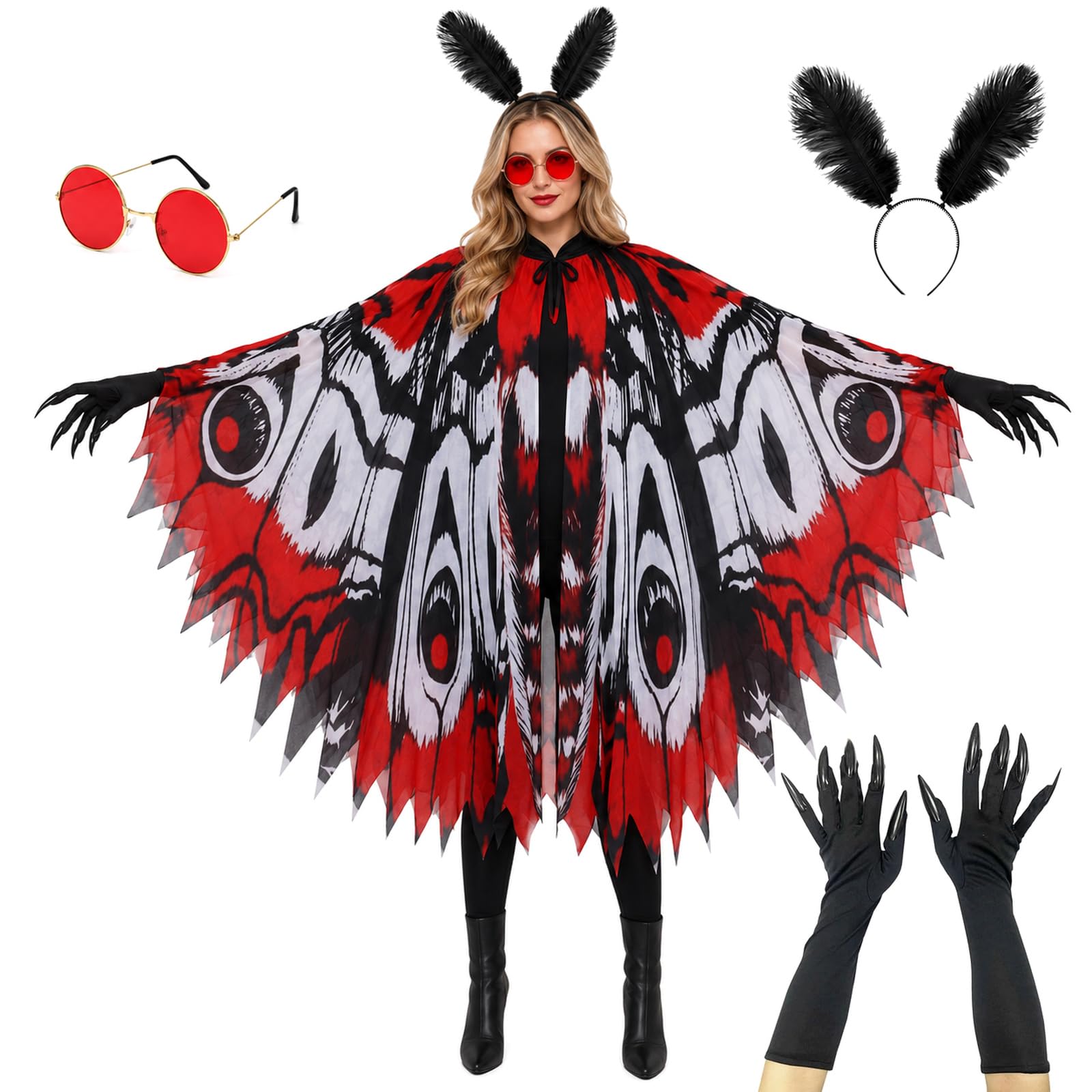 Boyigog Butterfly Moth Costume Set 4 Pcs Halloween Moth Wings Cape Headband Glasses Claw Gloves Red Black Butterfly Costume for Halloween Carnival Parties Cosplay
