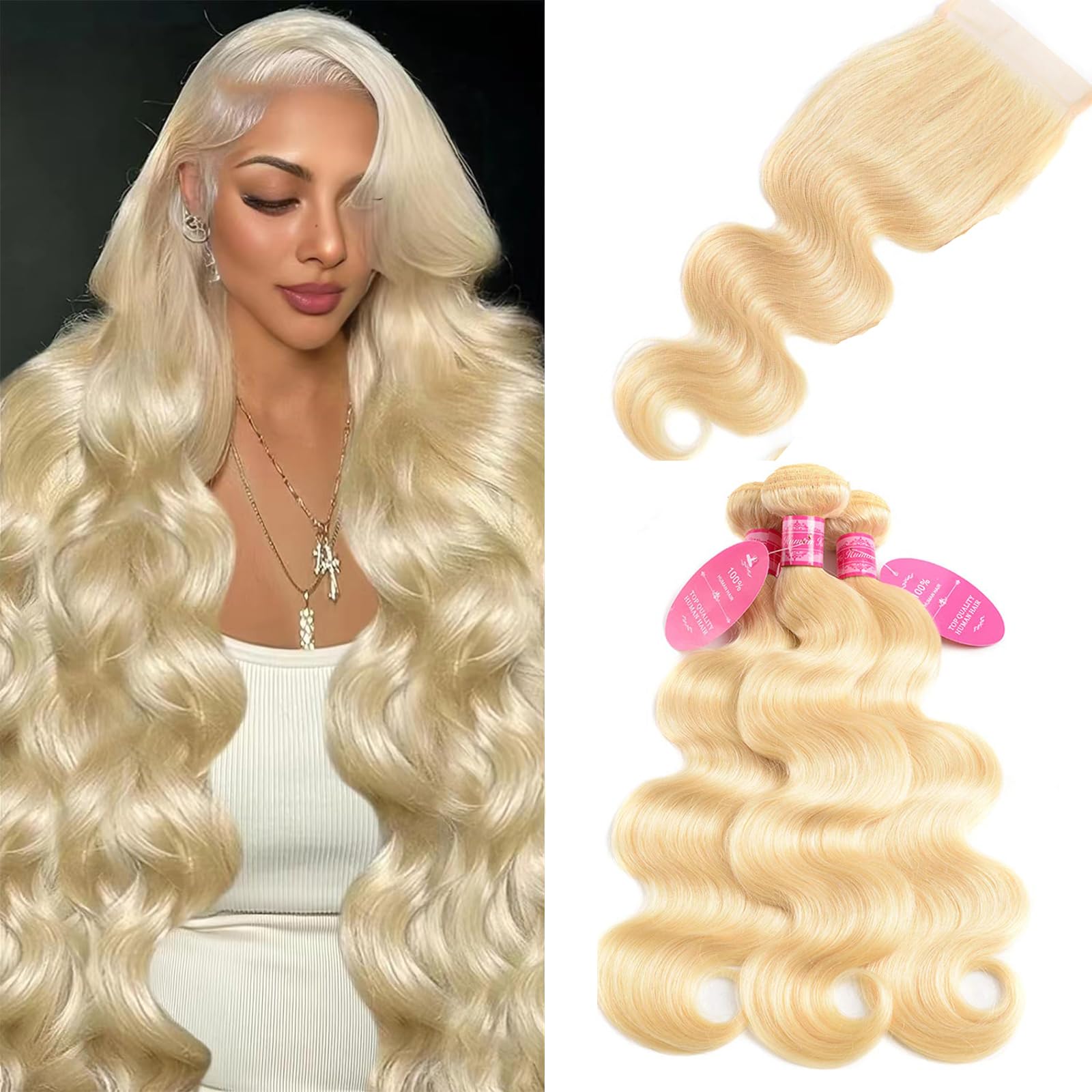 Vallbest 613 Bundles Human Hair with Closure 24 26 28 +22 Inch Blonde Body Wave Raw 4 Bundles Human Hair 12A 100% Unprocessed Brazilian Virgin Weave