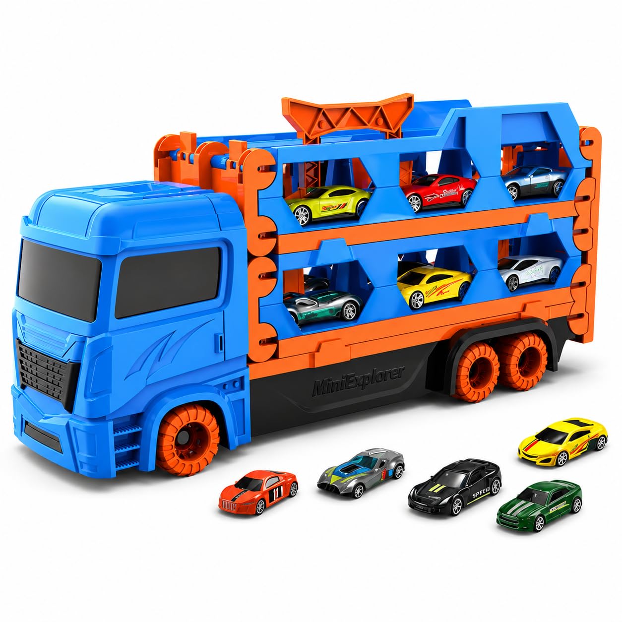 MiniExplorer Big Hauler Storage & Deform Transport Truck Toy | 3-in-1 Transforming Carrier with Foldable Dual Racing Track & 2 Die-Cast Cars | Push & Go Toy for Kids Boys & Girls 3+ Years