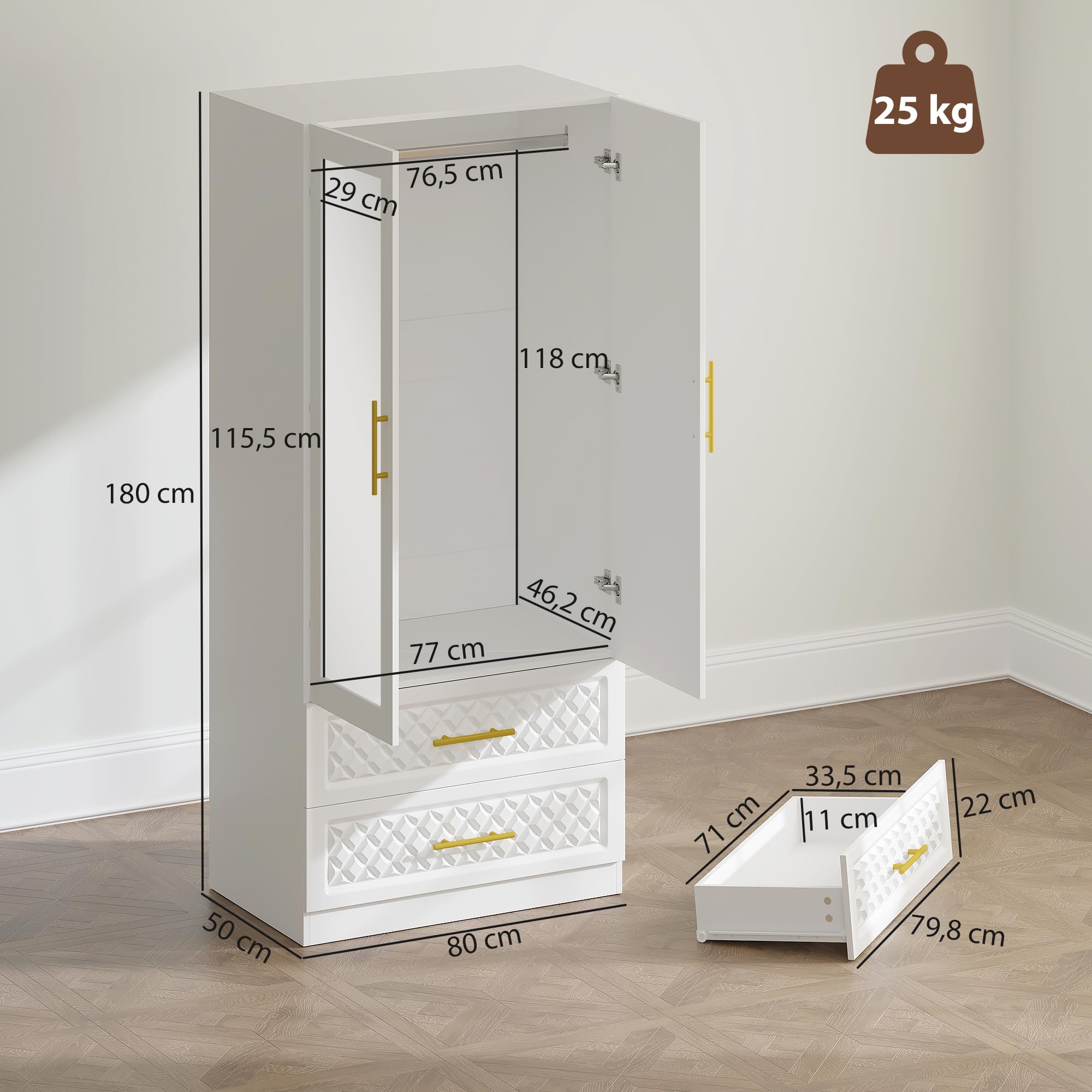 HOMCOM Armadio camera da letto armadio con specchio a 2 ante 80 x 50 x 180 cm, bianco | 2 Cassetti, Barra di Sospensione, Armadio per Abbigliamento, Spogliatoio, Stile Moderno