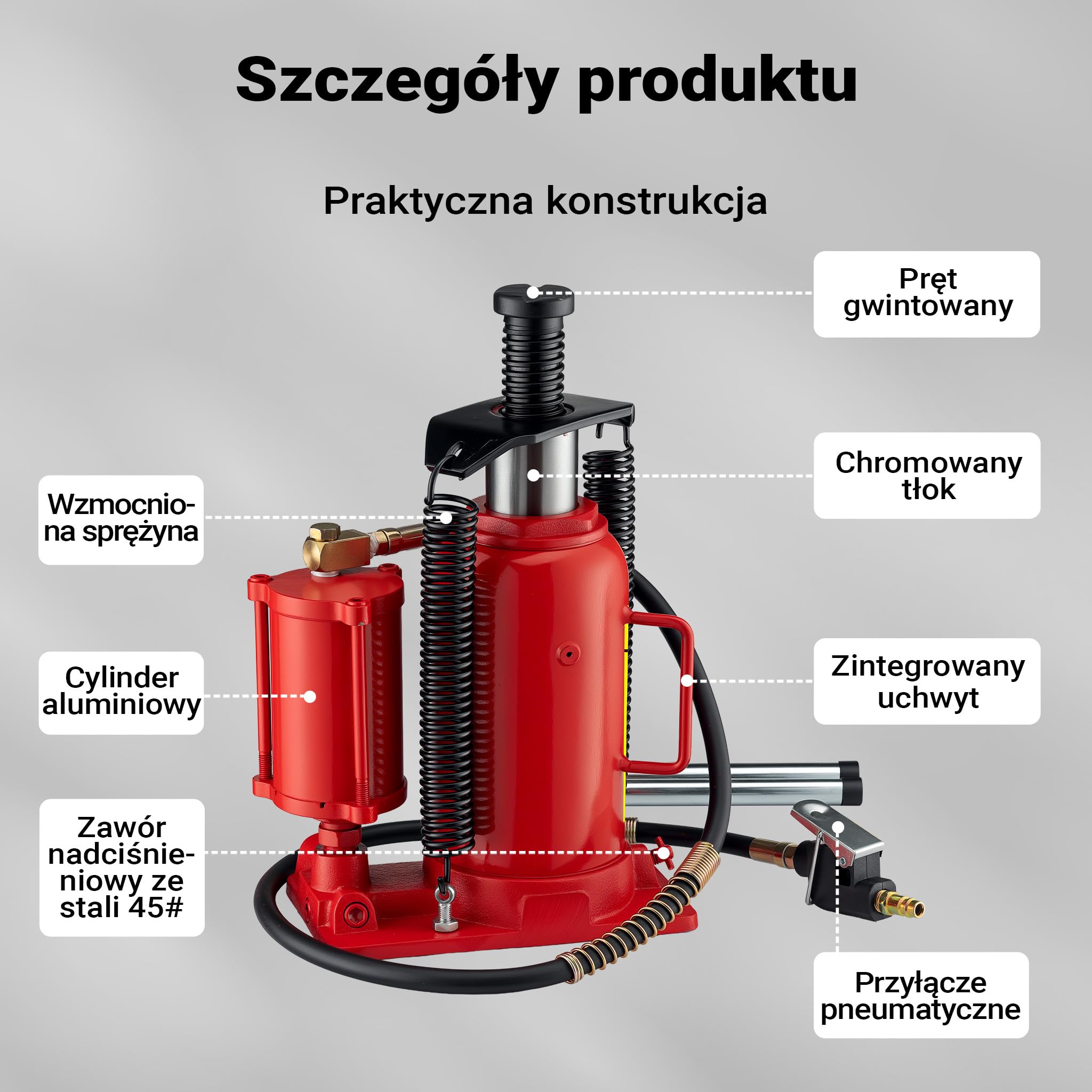 Hydrauliczny i pneumatyczny podnośnik ramowy Wiltec 20T, 260-510 mm, kompaktowy stalowy podnośnik do butli, pneumatyczny i ręczny