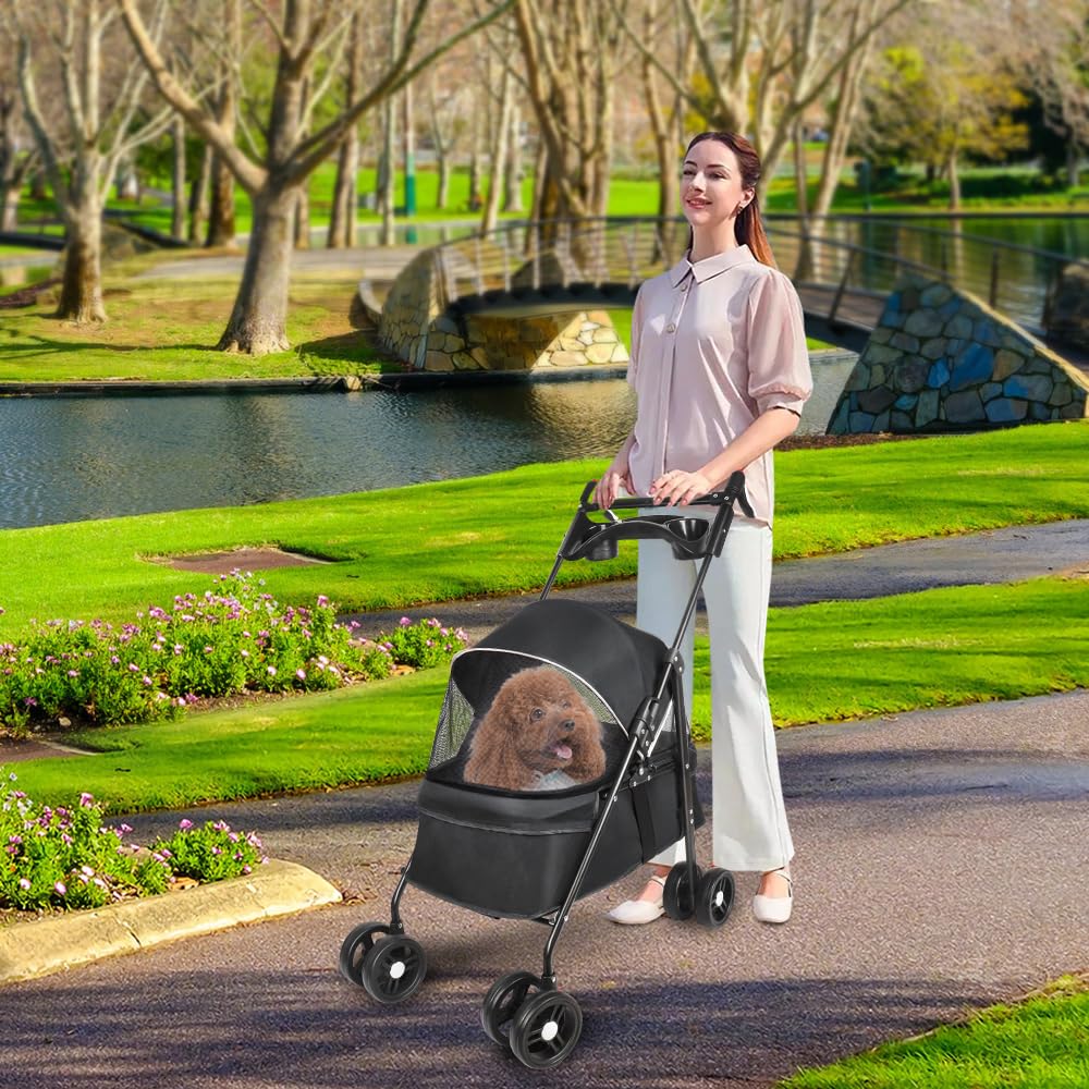 Poussette Buggy pour Chien Pet Stroller avec Porte-gobelet Animaux Voyage 25 Kg Poussette pour Chien avec Sac de Rangement et Housse de Pluie 50 * 70 * 95cm- Noir