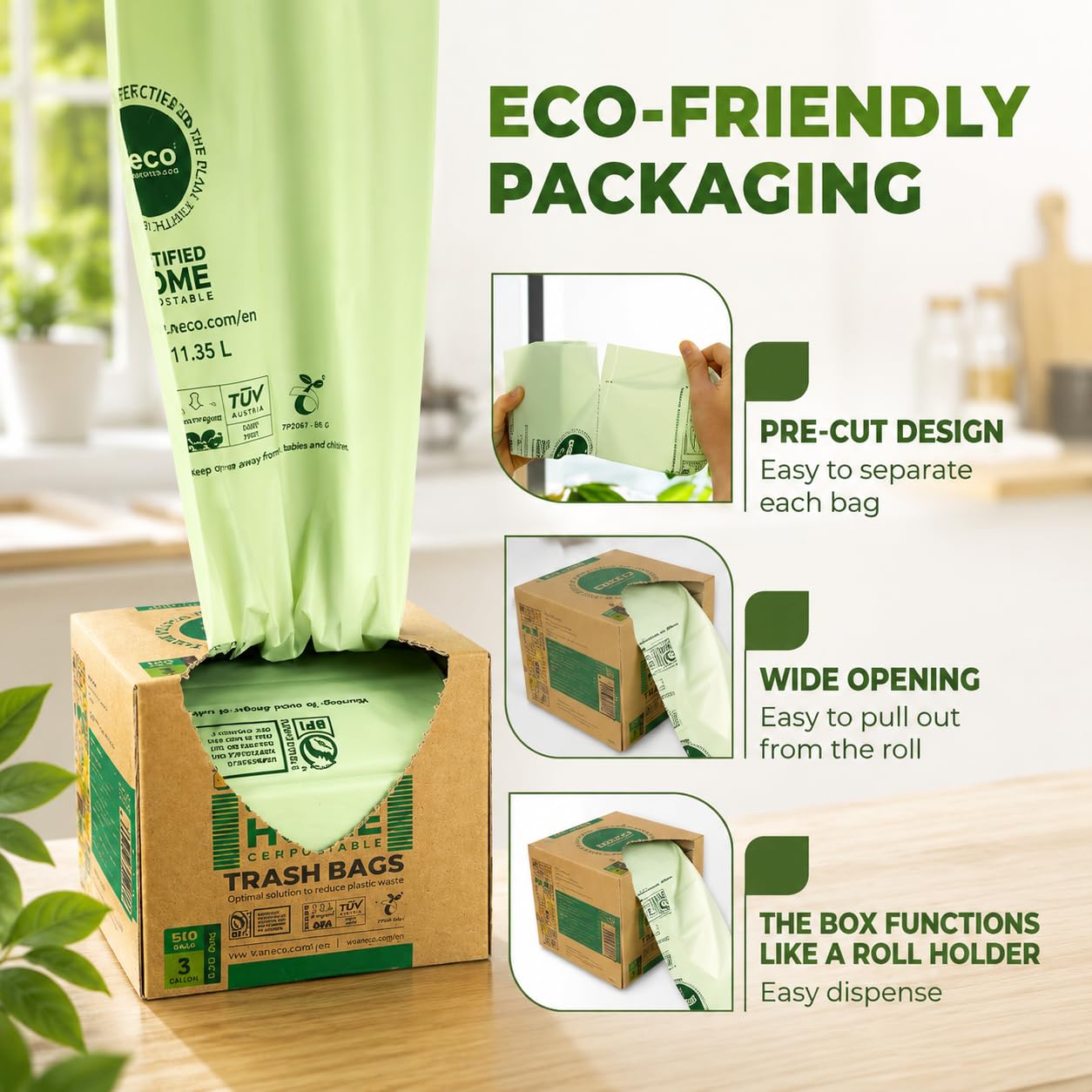 ANECO Bolsas de basura 100% compostables, 3 galones, 100 unidades, biodegradables, extra gruesas, 0,75 mils, bien compost, para casa, certificado BPI y TUV