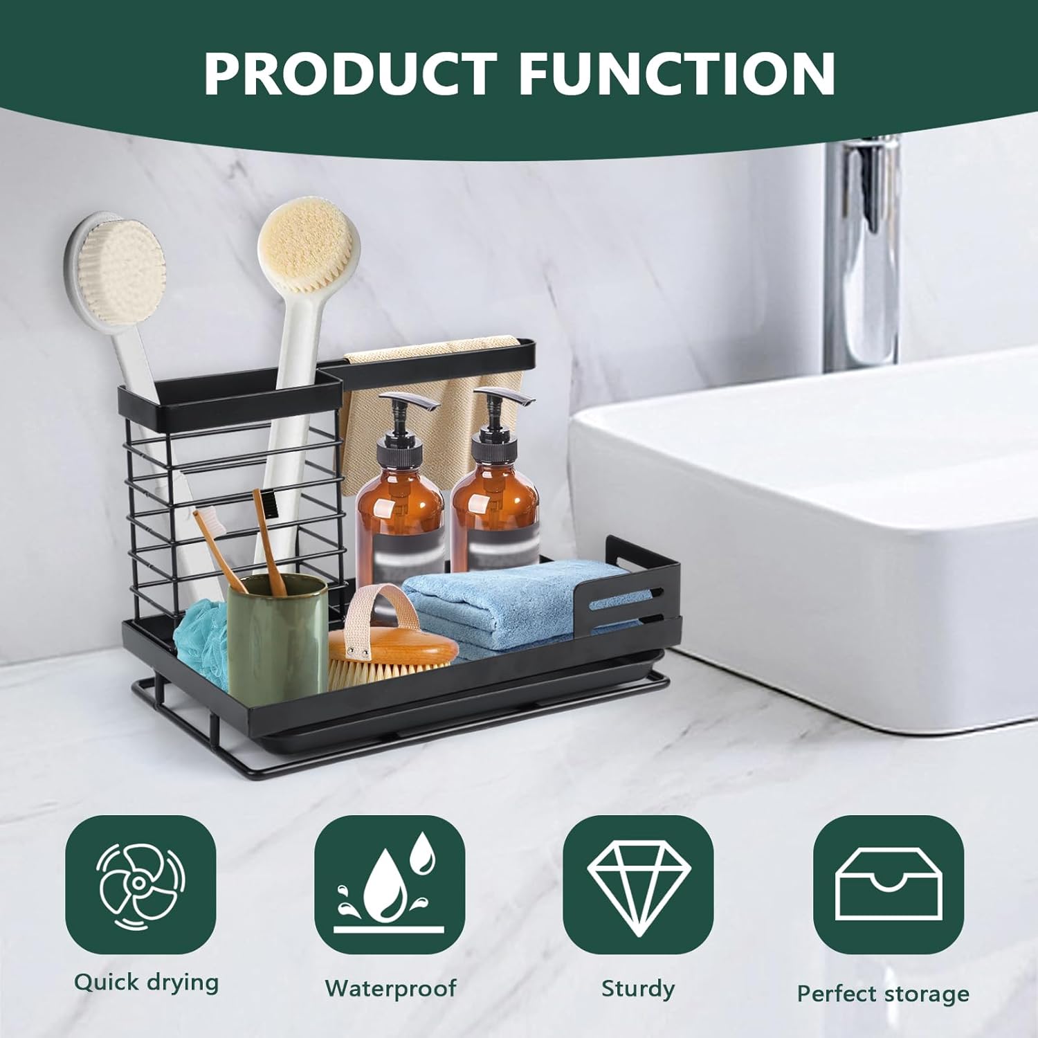 VECH Kitchen Sink Organizer，Waterproof & Rustproof Sponge Holder with Drain Tray，Kitchen Organization and Storage, Home Essentials Accessories