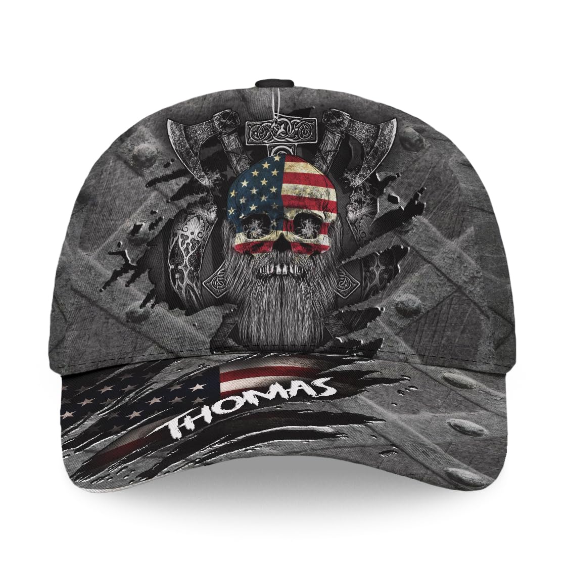 Skull Baseball Cap for Men, Grim Reaper Death Crack Old Metal with Flag, Men's Hat, Adjustable Motorcycle Soft Caps