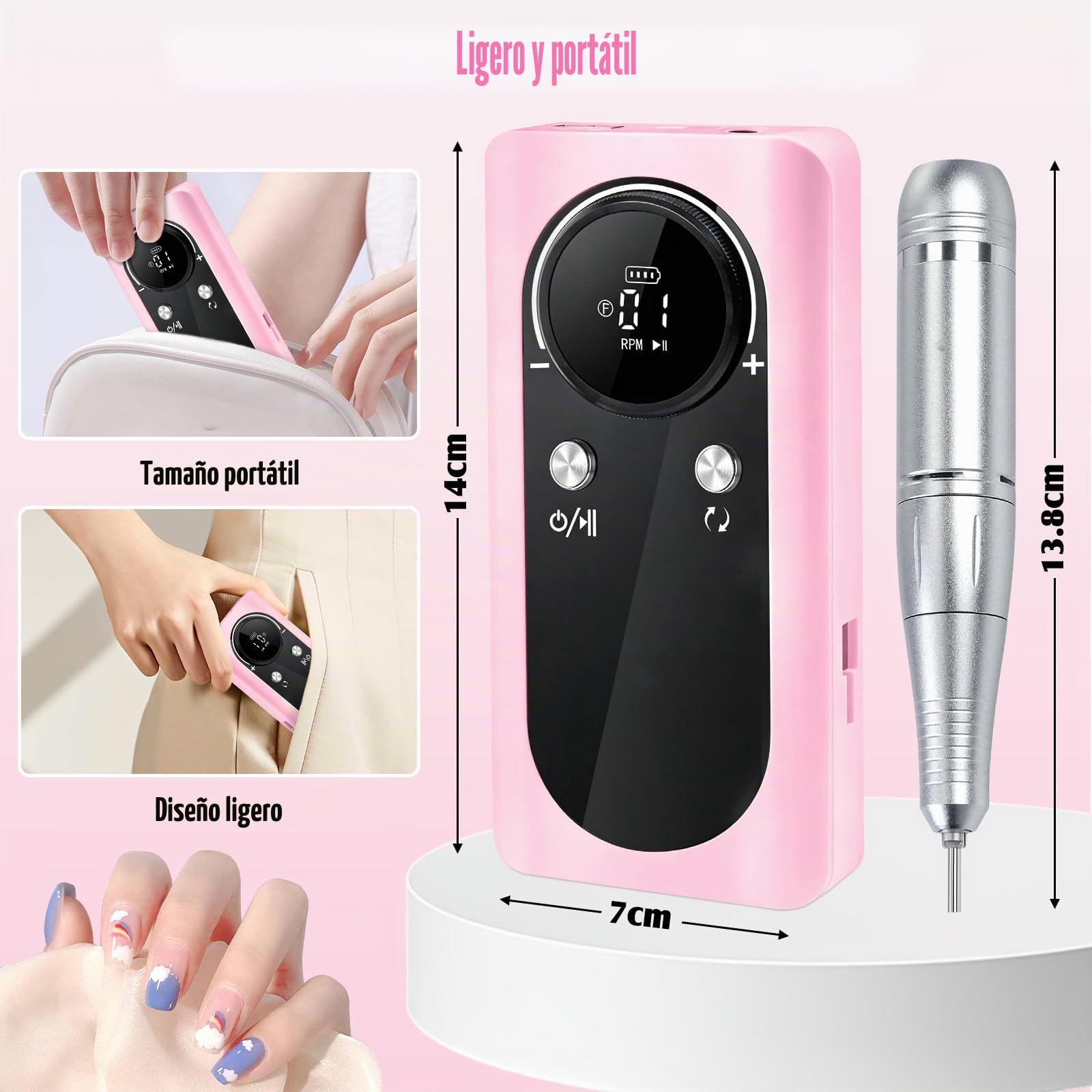 Torno Para Uñas Profesional 45000 Rpm, 12 En 1 Lima Uñas Electrica, Con Velocidad Ajustable, Recargable, Portátil, Para Uña De Gel Y Acrílicas, Manicura Y Pedicura,Salón Y Uso Doméstico