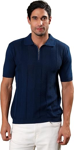 FEVERFEW Men's Cotton Polo Neck Half Zip Geometric Pattern T Shirt | Half Sleeve Regular Fit Trendy Casual Summer Comforta...