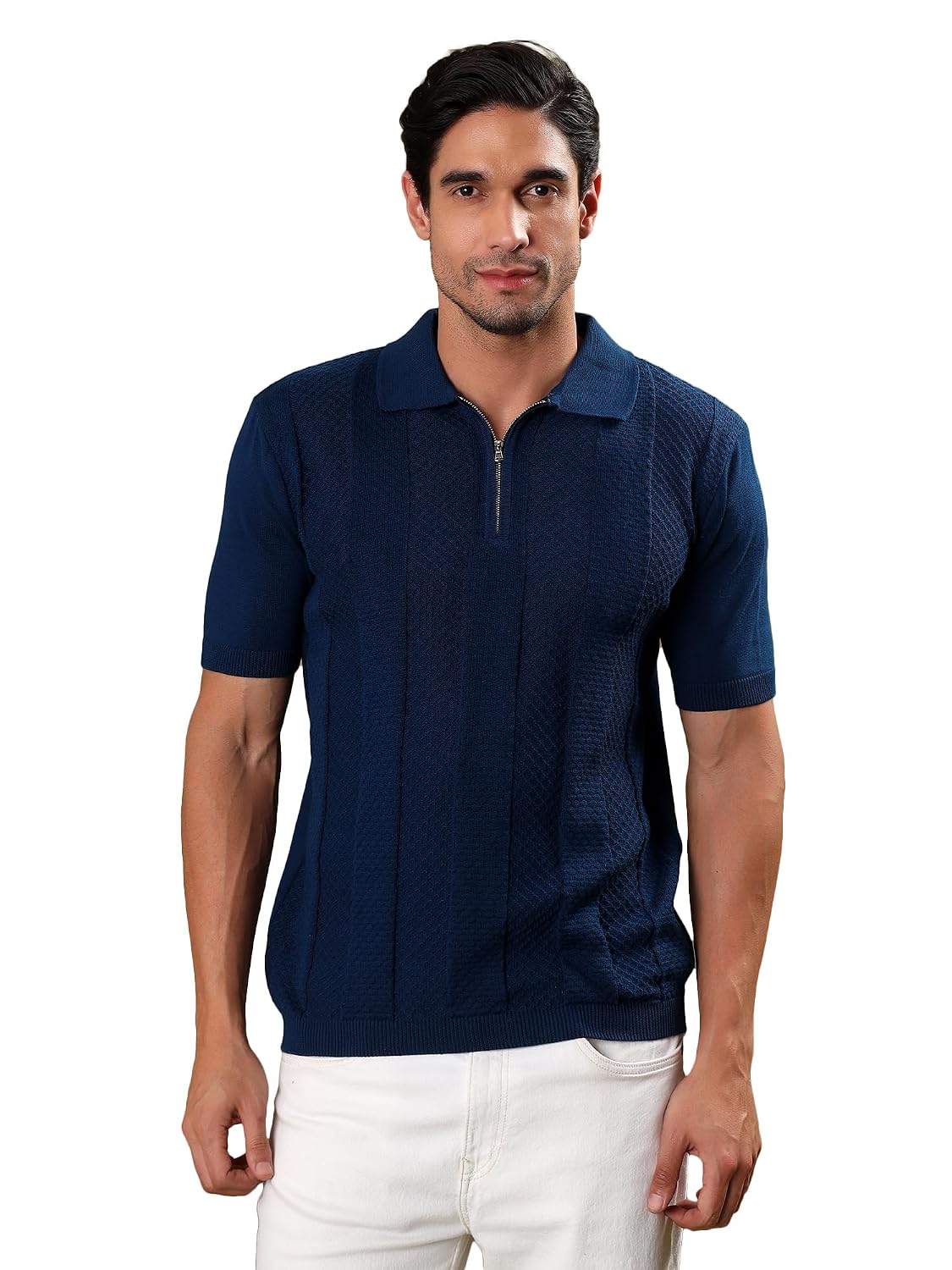 FEVERFEW Men's Cotton Polo Neck Half Zip Geometric Pattern T Shirt | Half Sleeve Regular Fit Trendy Casual Summer Comforta...