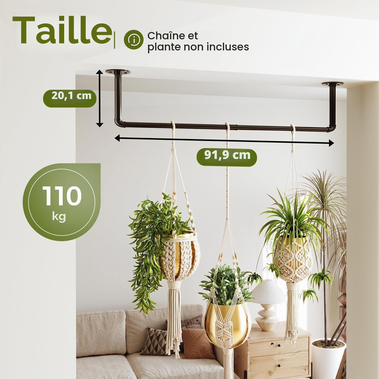 Bamworld Porte-Plantes Suspendues 92 cm Tringle Murale Métal
