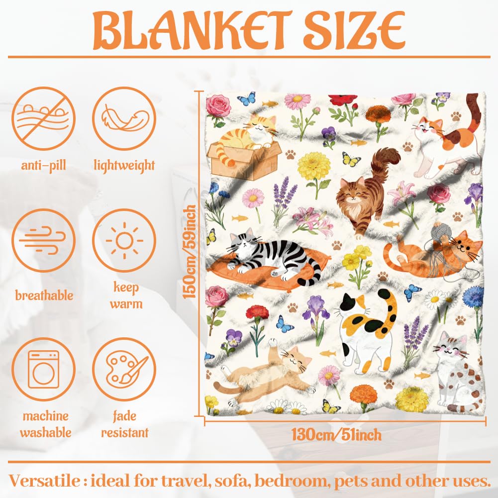 WADORN Katzen Kuscheldecke Geschenk Für Frauen, 150x130cm Katzen Blumenmuster Kuscheldecke Für Katzenliebhaber Katzenfreunde Wildblumen Flauschig Weich Flanell Fleecedecke Für Büro Schlafzimmer Sofa
