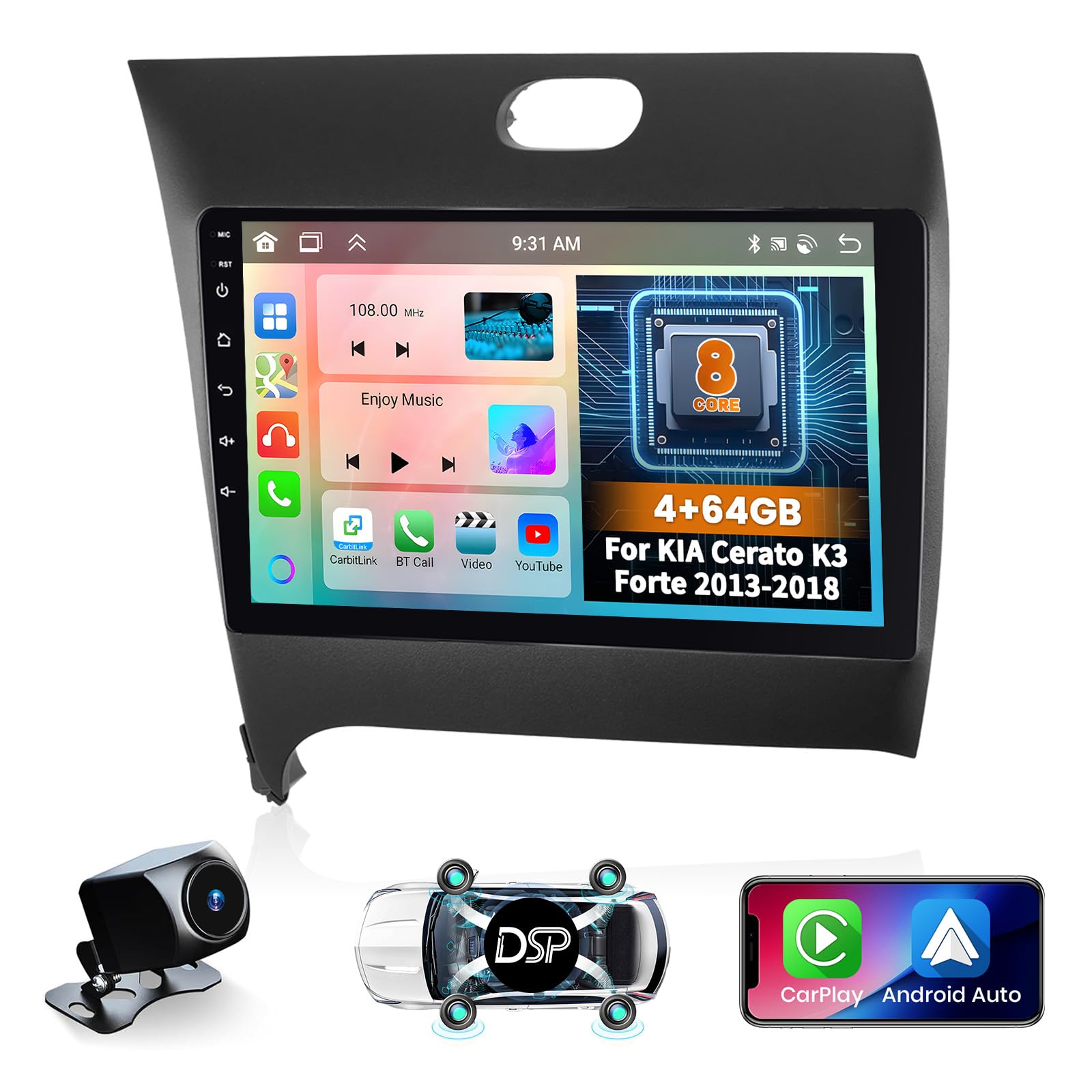 for KIA Forte Cerato K3 2013-2018 Radio, 8 Core 4+64GB Android Car Stereo 9 Inch IPS Touchscreen Car Radio with Wireless Carplay Android Auto 59UI GPS