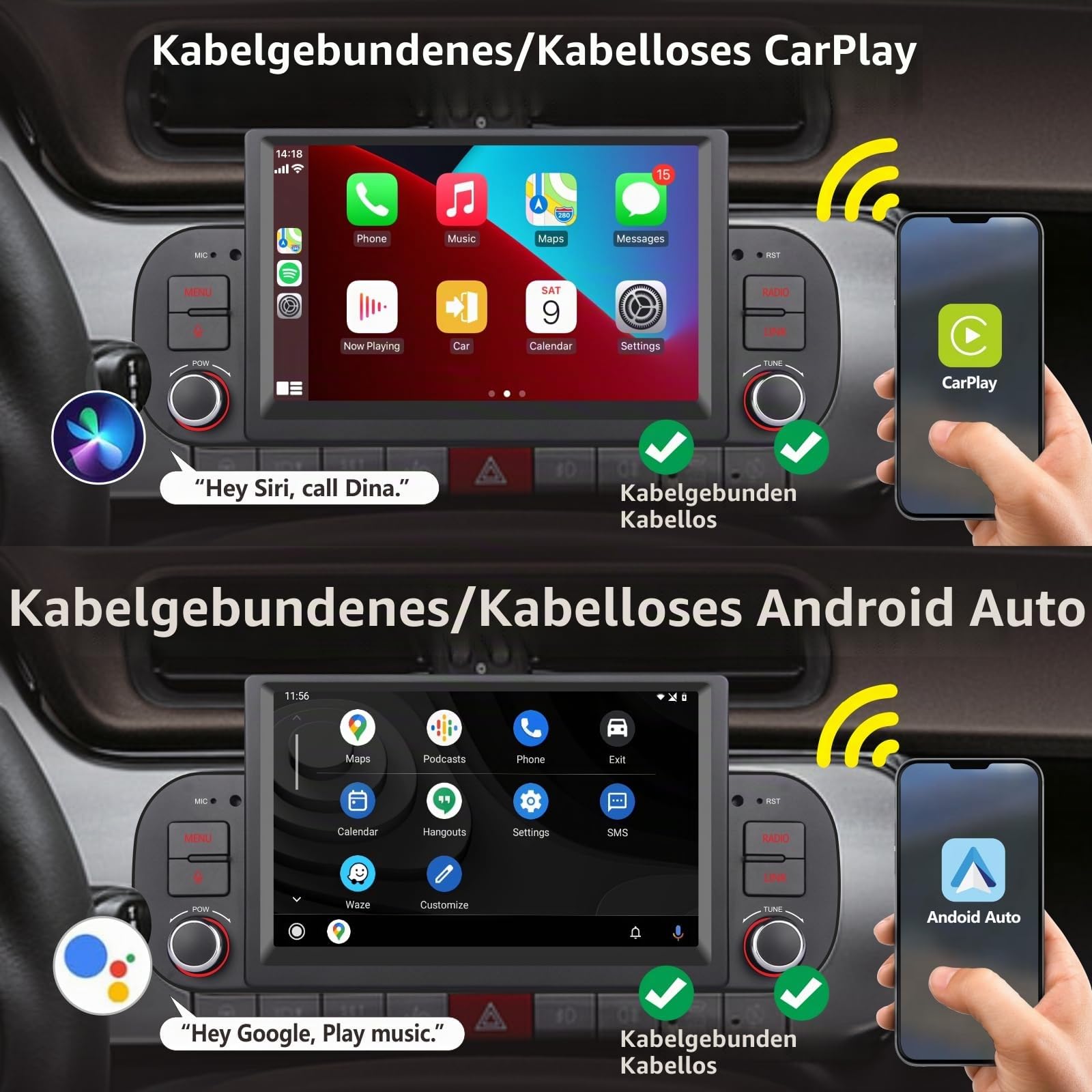 Double Din Autoradio für FIAT Panda 2013-2020 Apple kabellosem Carplay und Android Auto Sprachsteuerung mit 7 Zoll IPS/GPS Navi/Bluetooth/FM/AM/USB/EQ/Touch Display