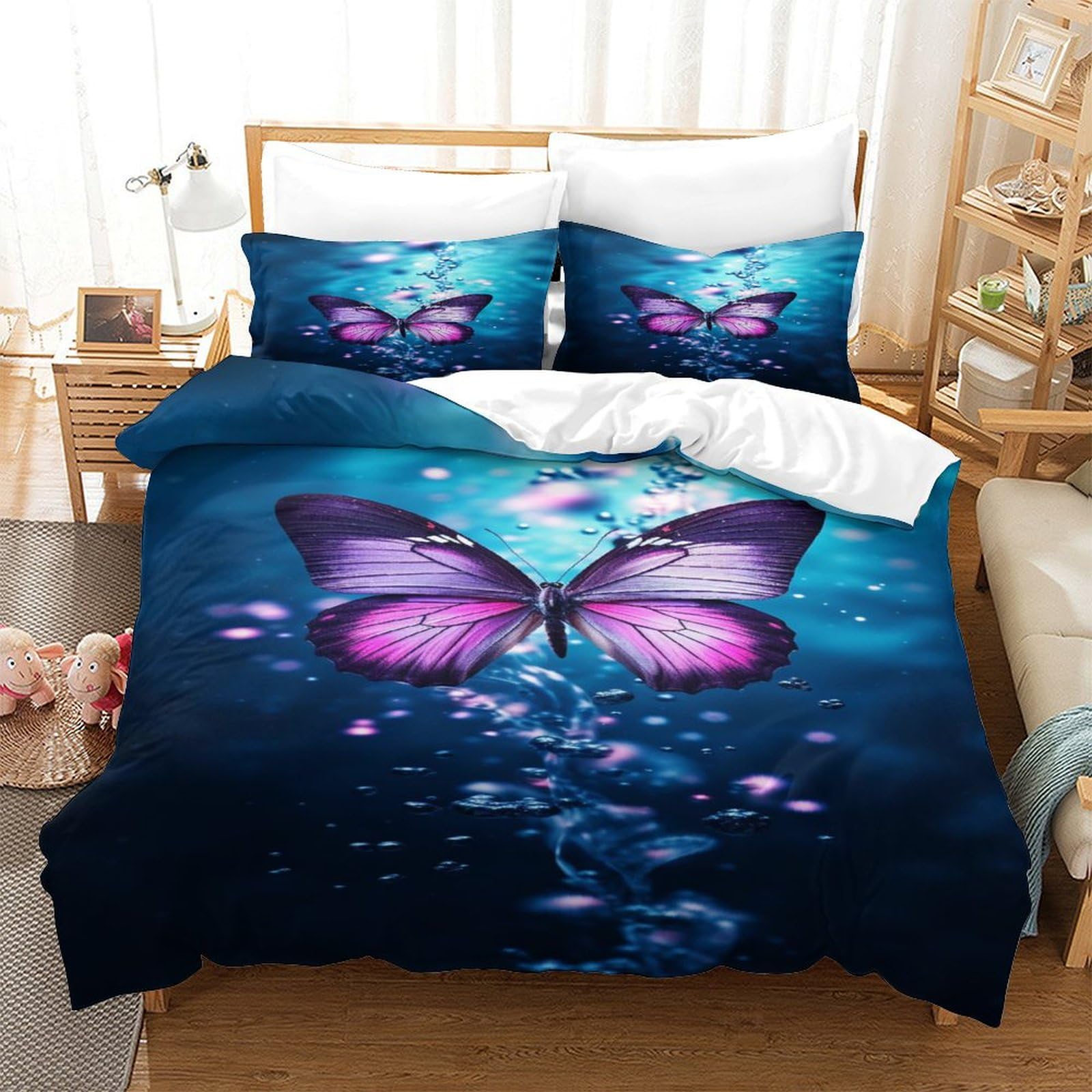 Housse de couette underwater papillons 3D parure de lit microfibre 140x200cm taie d'oreiller lit single