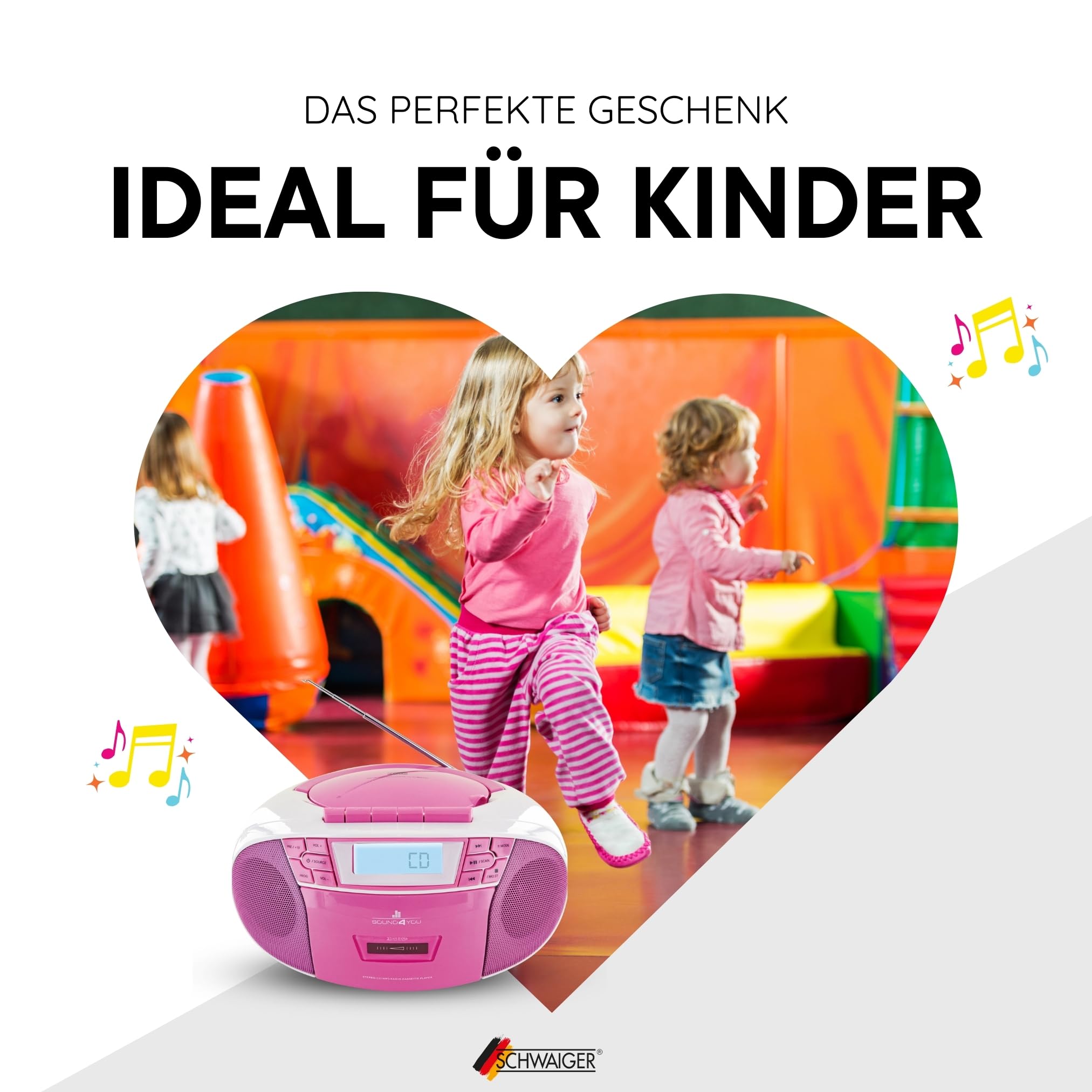 SCHWAIGER 661668- Tragbarer CD-Player mit Kassette und Radio MP3 USB Anschluss UKW FM Radio AUX Kopfhörer Boombox Stereo für zuhause und unterwegs Netz- und Batteriebetrieb Display