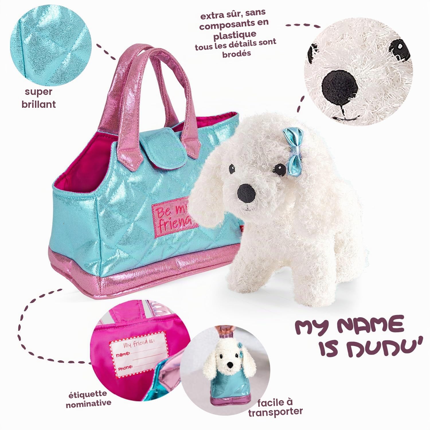PERLETTI Sac à Main Fille 3 4 5 6 Ans avec Peluche Amovible - Sac Transport avec Animal Doux Caniche ou Chat - Sacoche pour Enfants Petite Fillette École Maternelle