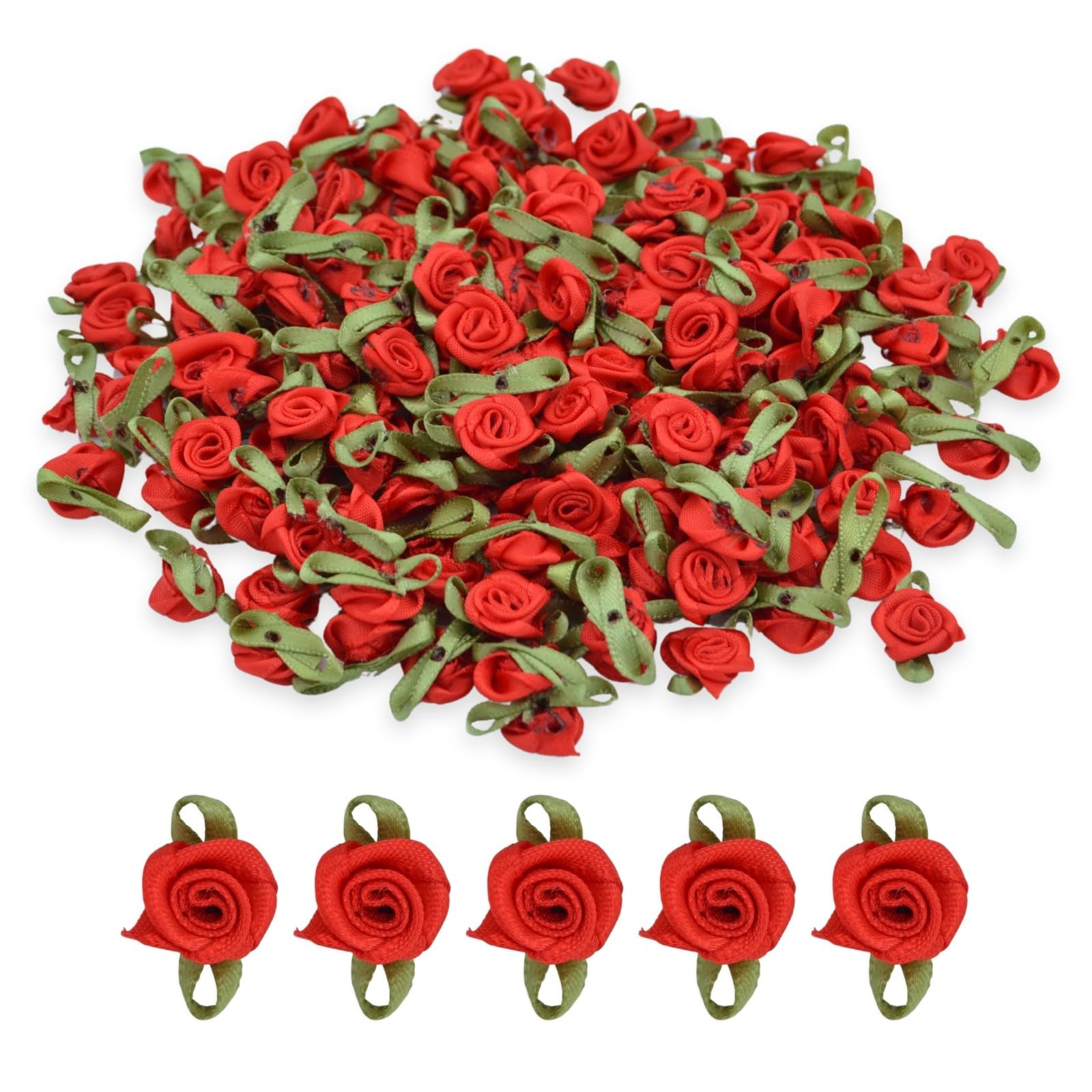 celloexpress 15mm Red #23 Satin Ribbon Roses with Green Leaves - Small Flower Buds - Crafts, Embellishments (Pack of 50) — image 1