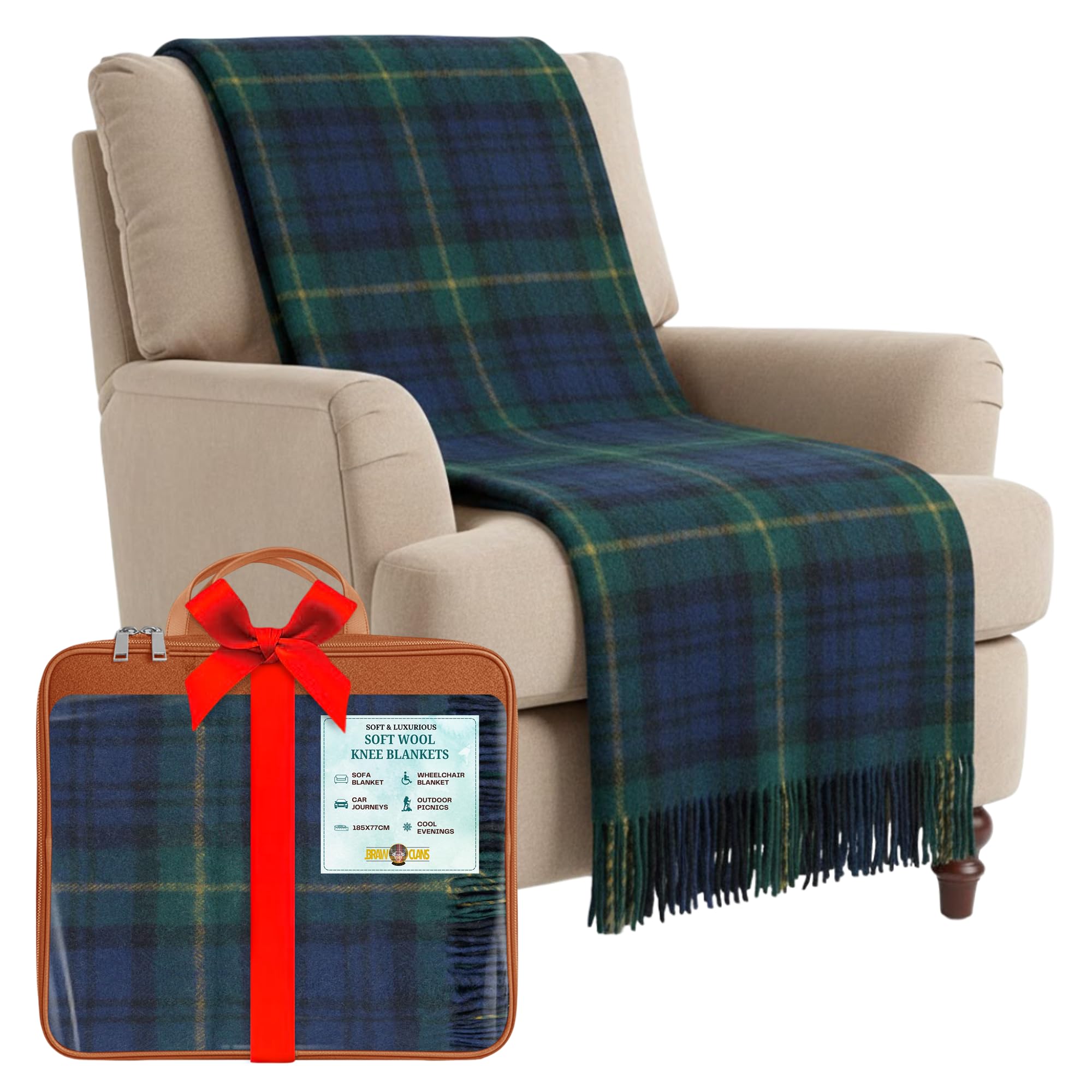 Braw Clans Tartans Gordon Soft Wool Tartan Knee Blanket Lap Throw - Lap Blanket For Sofa With Fringed Edges - Compact Travel Essentials & Car Seat Throw - Plaid