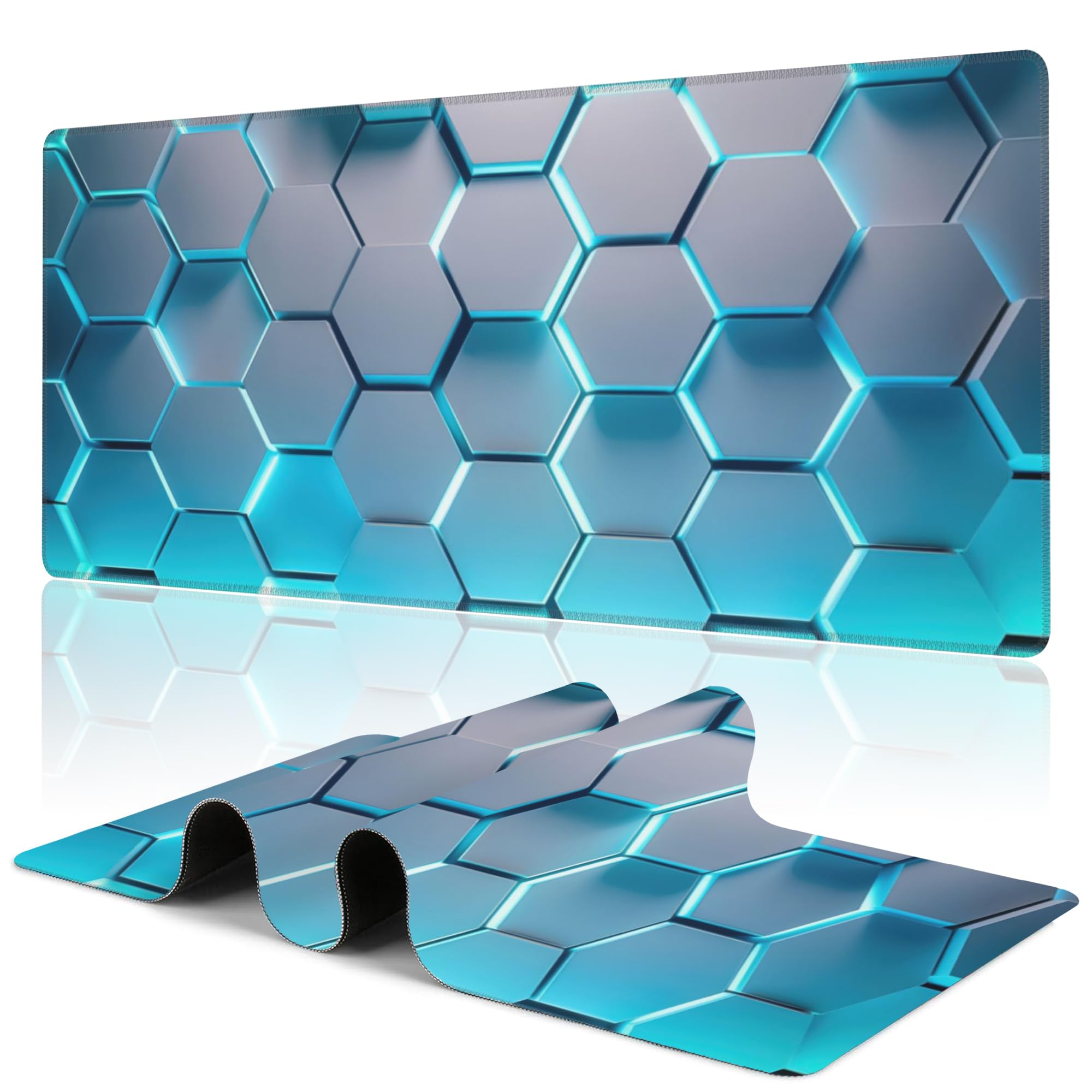Uiaoiais Gaming Mouse Pad,Honeycomb Hexagon Desk Mat,31.5"X15.7" Large Desk Pad with Stitched Edge Non-Slip Base Keyboard Big Mouse Pad for Office Home Work Gaming-Blue