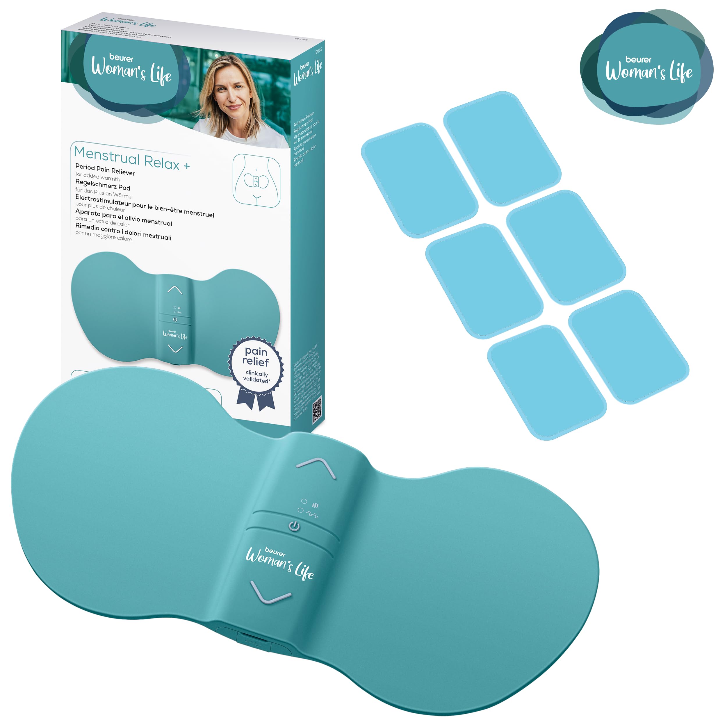 Beurer EM 55 Menstrual Relax+, gegen Menstruationsschmerzen und Schmerzen aus Endometriose, TENS und Wärme-Funktion, extra große Wärmefläche, mit wiederaufladbarem Akku, inkl. Nachkaufset (6 Gel Pads)
