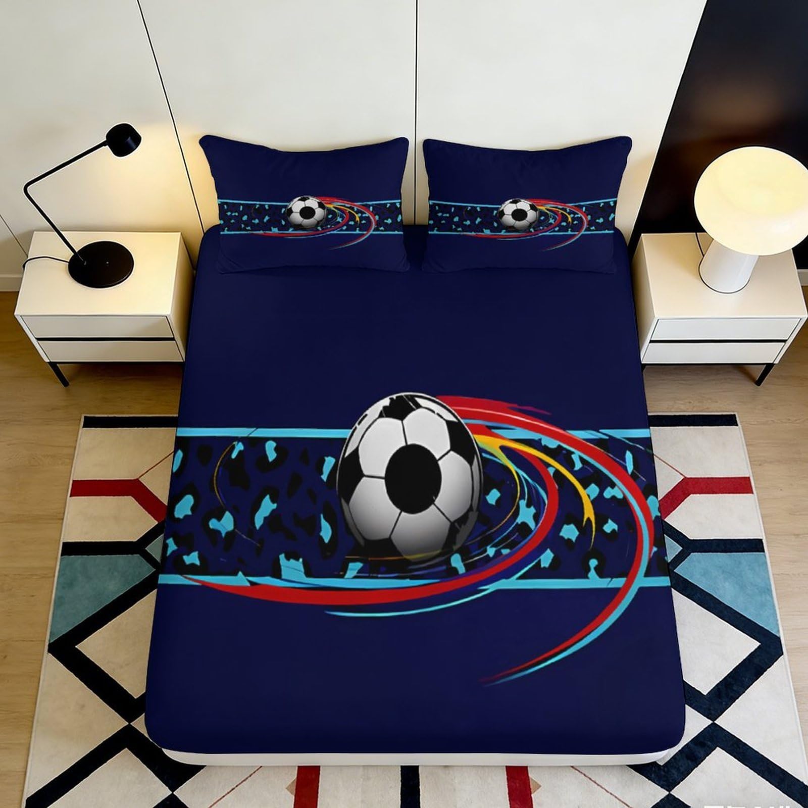 3D Printed Football Theme Fitted Sheet Microfiber Deep Blue Soccer Pattern Bed Cover for Bedroom Dorm Mattress Decor 90x200x25cm