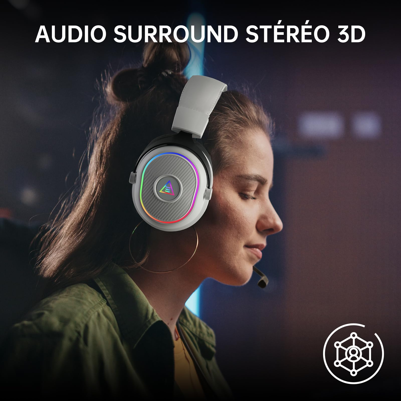 EKSA Casque Gaming sans Fil, 2,4 GHz Casque Gamer pour PS5/PS4/PC/Switch/Mac, Casque Bluetooth 5.3 avec Microphone, Latence de 30MS, Durée D'utilisation Maximale 80H, RVB, USB&USB-C,Blanc