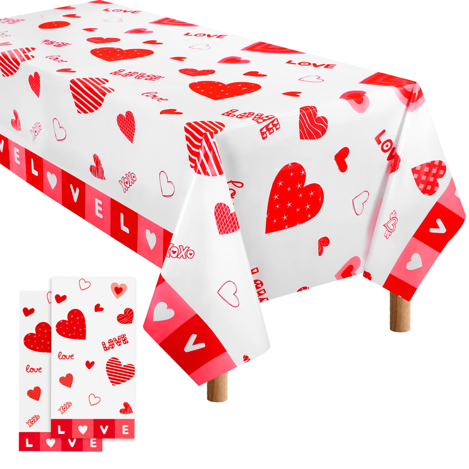 Ruisita 2 Pack Valentine's Day Plastic Tablecloth Red and White Hearts Print Valentine’s Day Tablecover 108 x 54 Inch Disposable Love Tablecloth for Valentine's Day Home Party Decoration