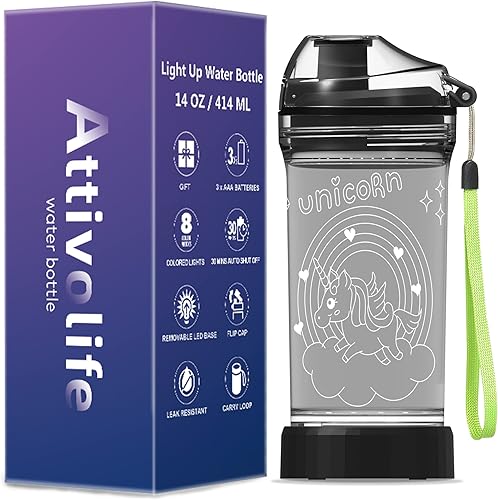 Miniatura 9 de Attivolife Botellas de agua de unicornio para niñas, lámpara de noche brillante 3D, 14 0Z Tritan libre de BPA, 7 luces LED que cambian de color,