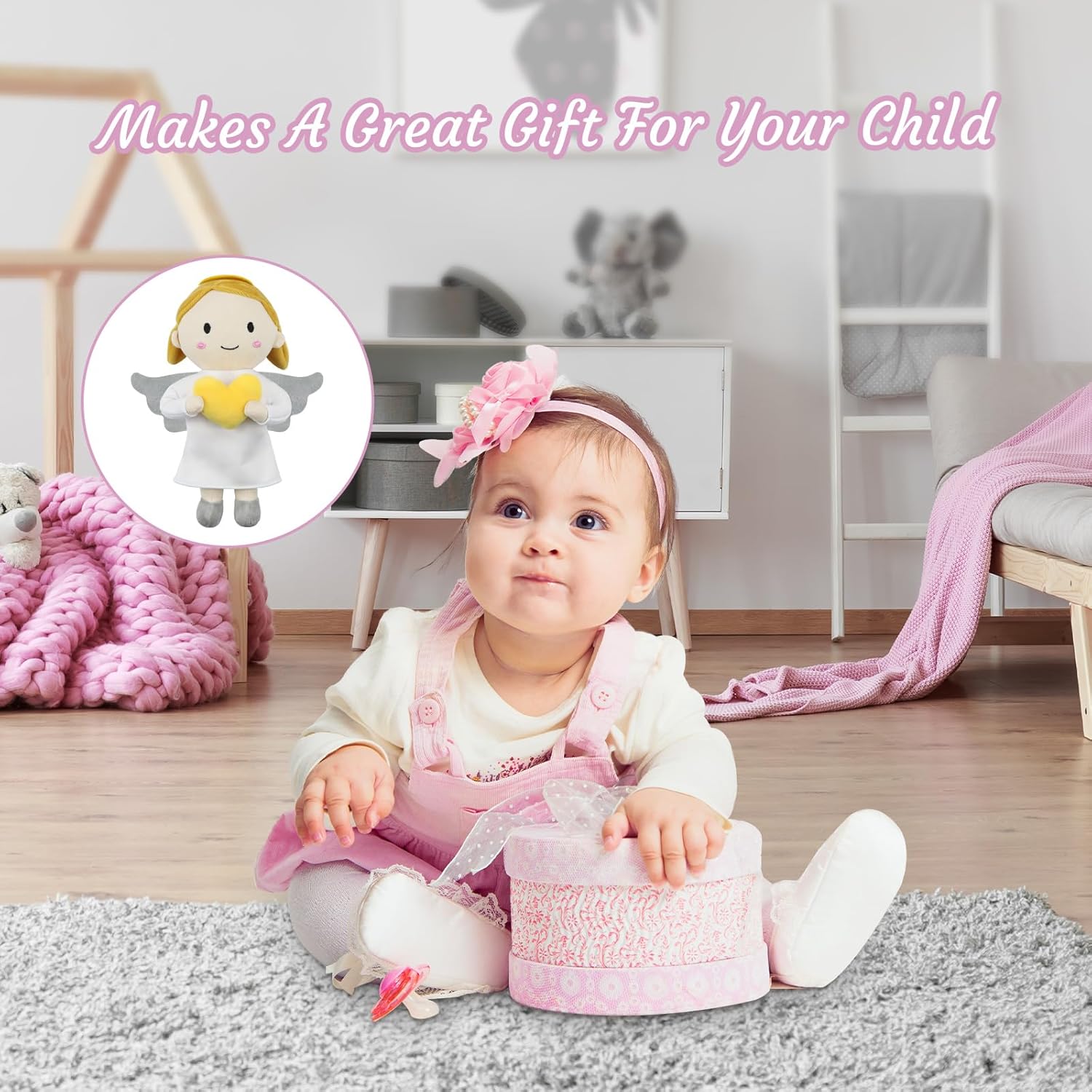 free-space Angel Plush Doll Boy/Girl Baptism Gifts Guardian Angel Doll Toy for Easter Christmas(Girl)