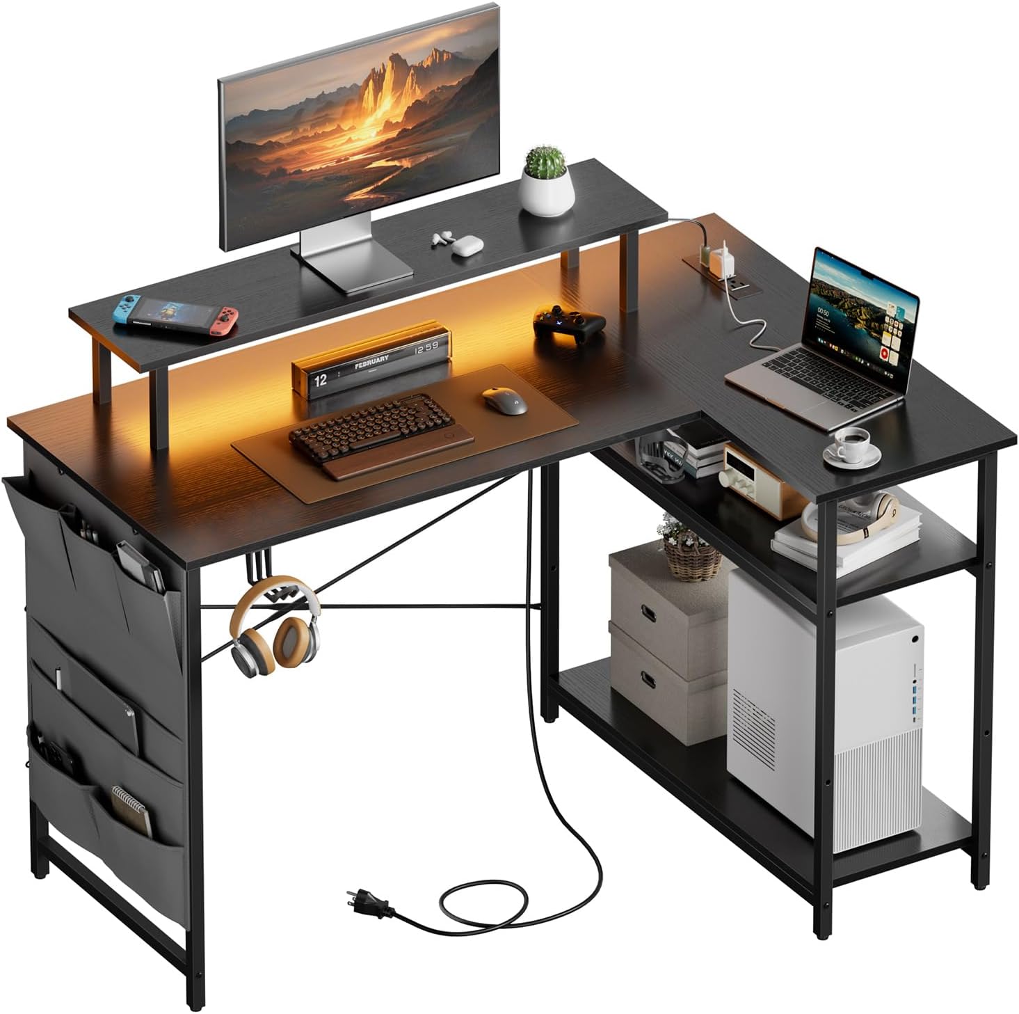 HLDIRECT 44 Inch L Shaped Computer Desk with Power Outlet, Gaming Corner Desk with LED Lights, Home Office Table with Storage Shelves & Monitor Stand for Bedroom, Black