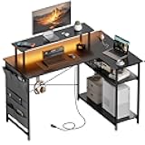 HLDIRECT L Shaped Computer Desk with Power Outlet, Gaming Corner Desk with LED Lights, 44 Inch Home Office Table with Storage Shelves & Monitor Stand for Bedroom, Black