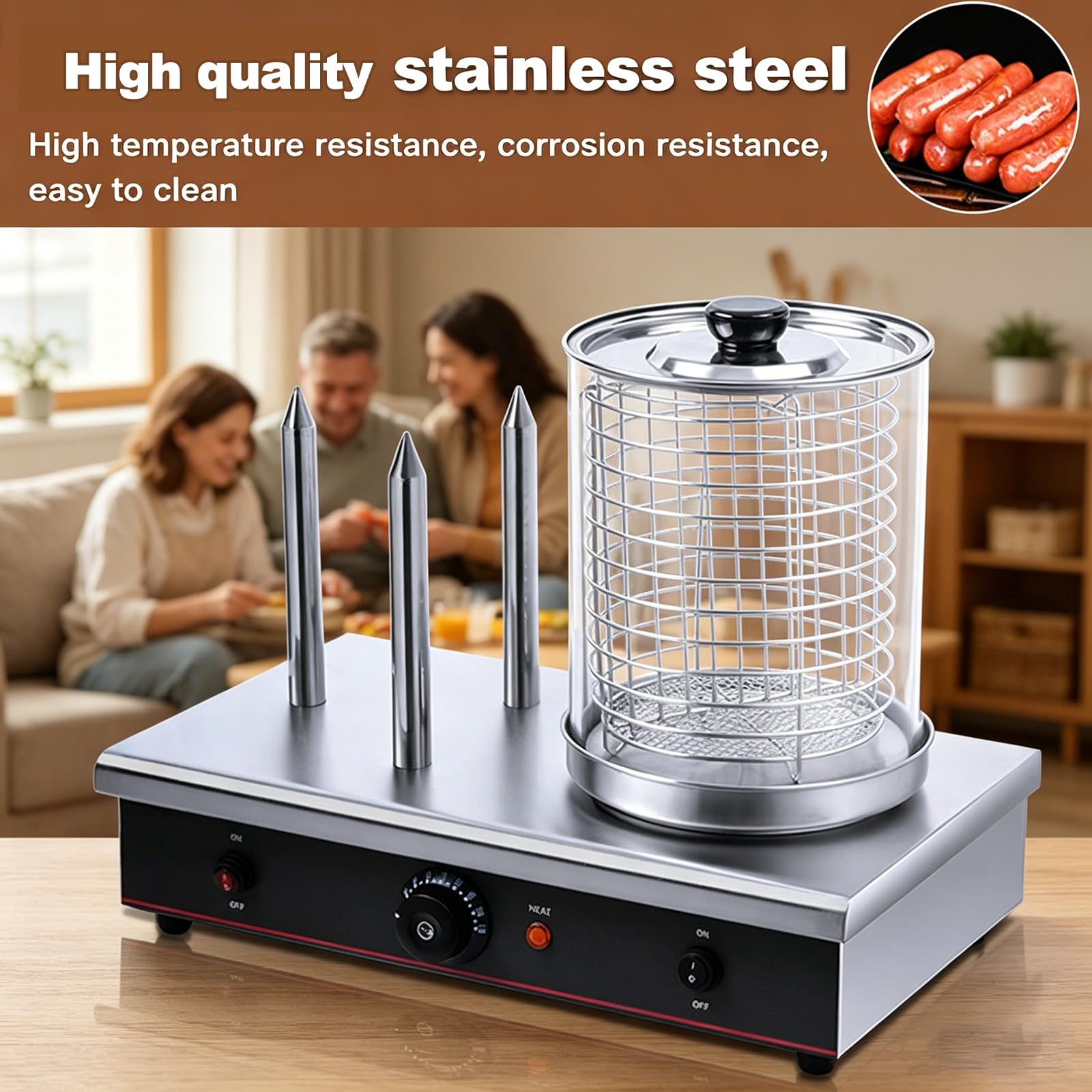 MObyat Vaporizador Comercial De Perritos Calientes De 700 W, Calentador De 3 Palos para Perritos Calientes Y Panecillos con Púas para Calentar El Pan, Termostato Automático Ajustable De 30 A 110 ℃