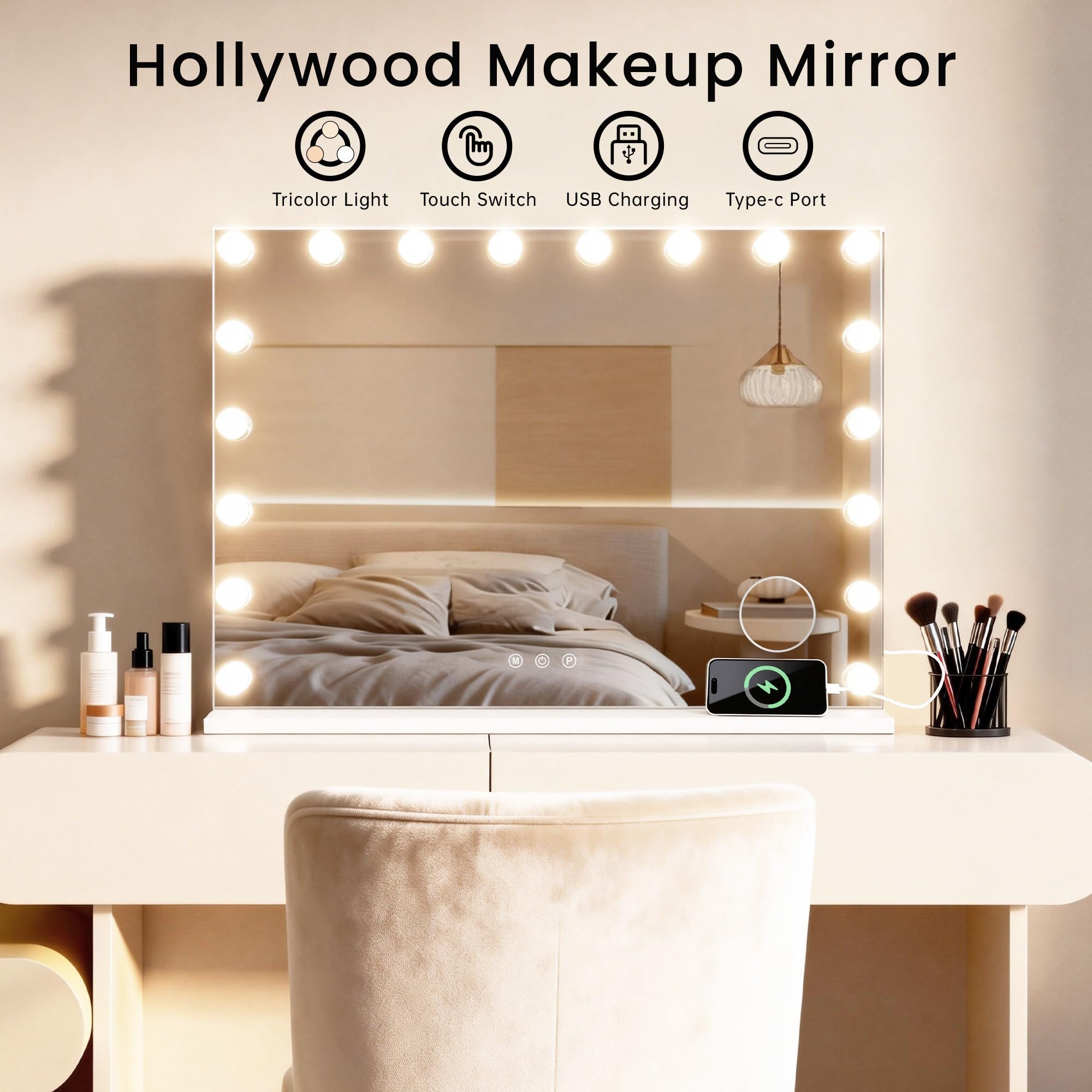 LISA Hollywood Schminkspiegel mit Beleuchtung 80x60 cm USB Type C Ausgangsanschluss, 3 Modi Helligkeit Einstellbar Tischspiegel, Groß Make Up Spiegel mit Licht Weiß 18 LED Lampen für Tisch/Wand