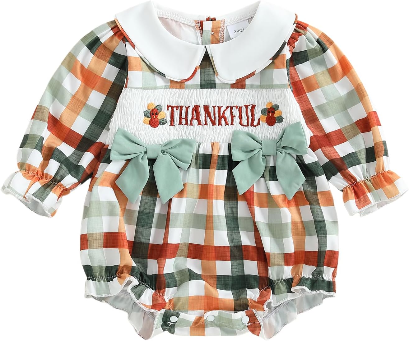 Newborn Baby Girl Thanksgiving Outfit Letter Turkey Long Sleeve Romper Plaid Jumpsuit Smocked Bubble Clothes