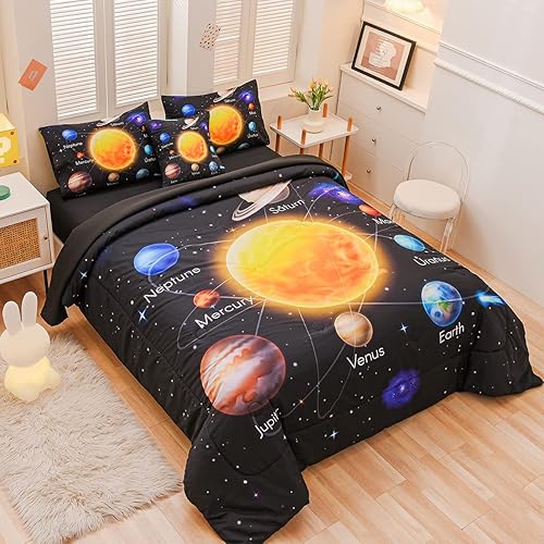 Miniatura 3 de Juego de edredón de 6 piezas de cama en una bolsa para niños, edredón de planeta del universo del sistema solar, juegos de ropa de cama espacial con