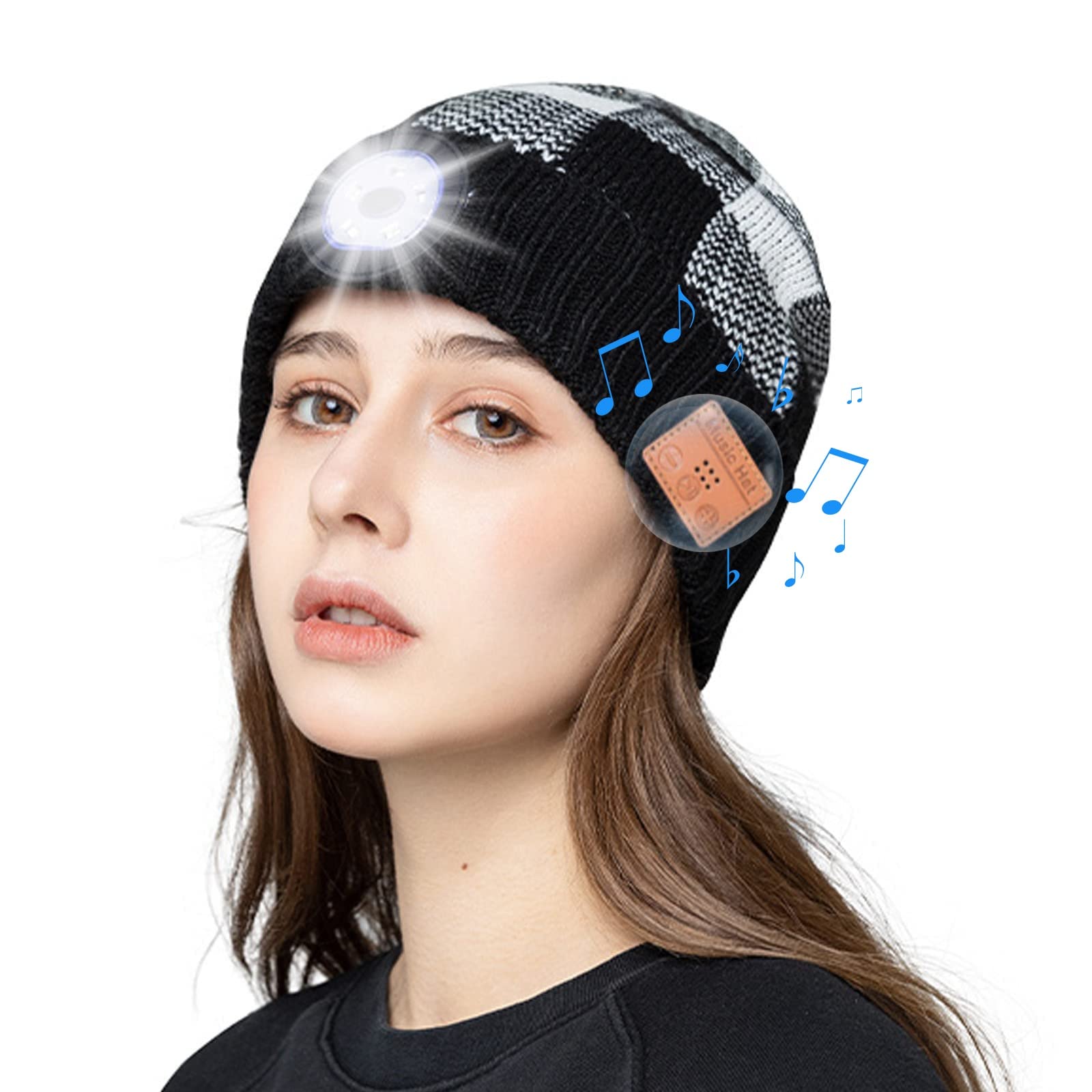ZXWDIAAE Bluetooth Beanie for Women, Unisex Led Hat with Light & Bluetooth, Winter Knit Beanie Music Running Hat for Women, with USB Rechargeable, Gifts for Dad Men Women Black