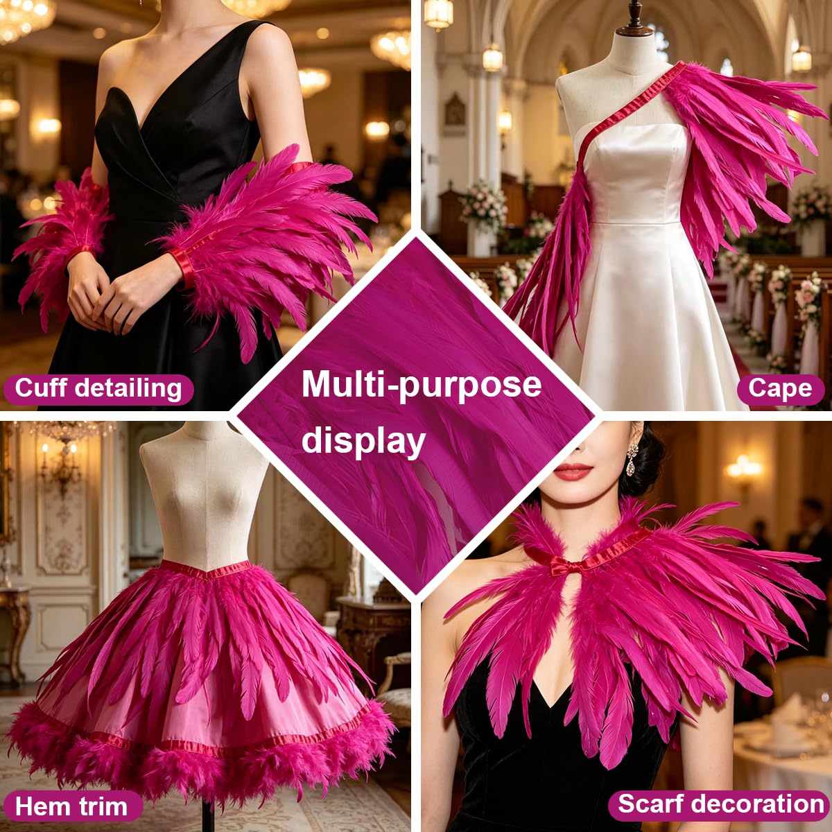 Flecos de Plumas de Coda de Gallo con Cinta de Satén, 2 Metros Largo y 28-33cm Ancho, Plumas Naturales para Costura, Disfraces, Carnaval, Halloween, Boda y DIY Artesanía (Fucsia)