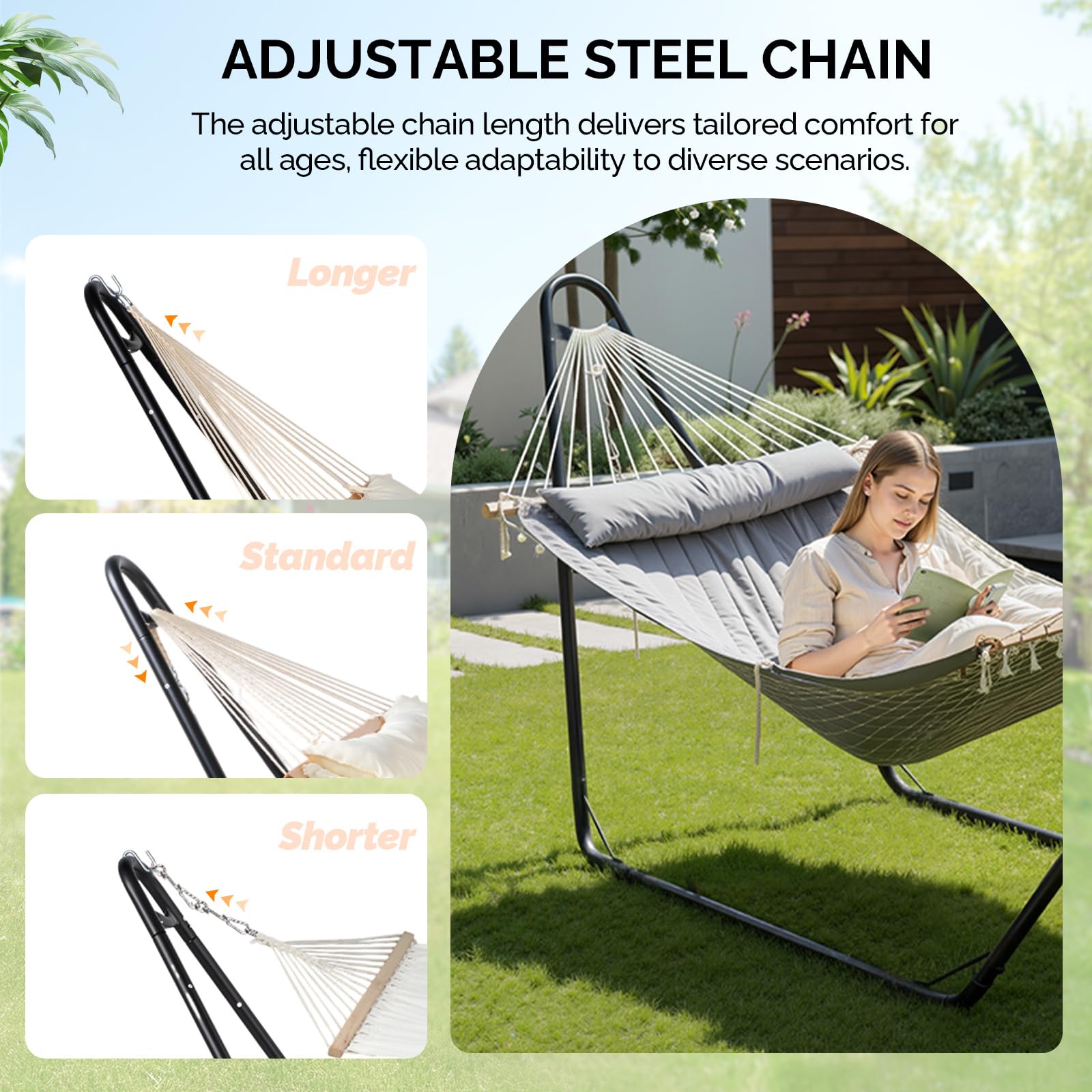 LEADZM Hängematte mit Gestell, Universelle Hängemattenhalterung aus Stahl, bis 250 kg, Großes Doppelstangen-Hängematten-Set - Graue, doppellagige Baumwollbettauflage, 315x133x101 cm