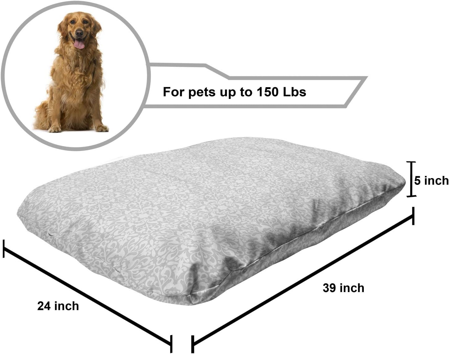 review Lunarable Grey Abstract Pet Bed, Classic Baroque Style Rococo with Moroccan Middle Eastern Effects, Chew Resistant Pad for Dogs and Cats Cushion with Removable Cover, 24