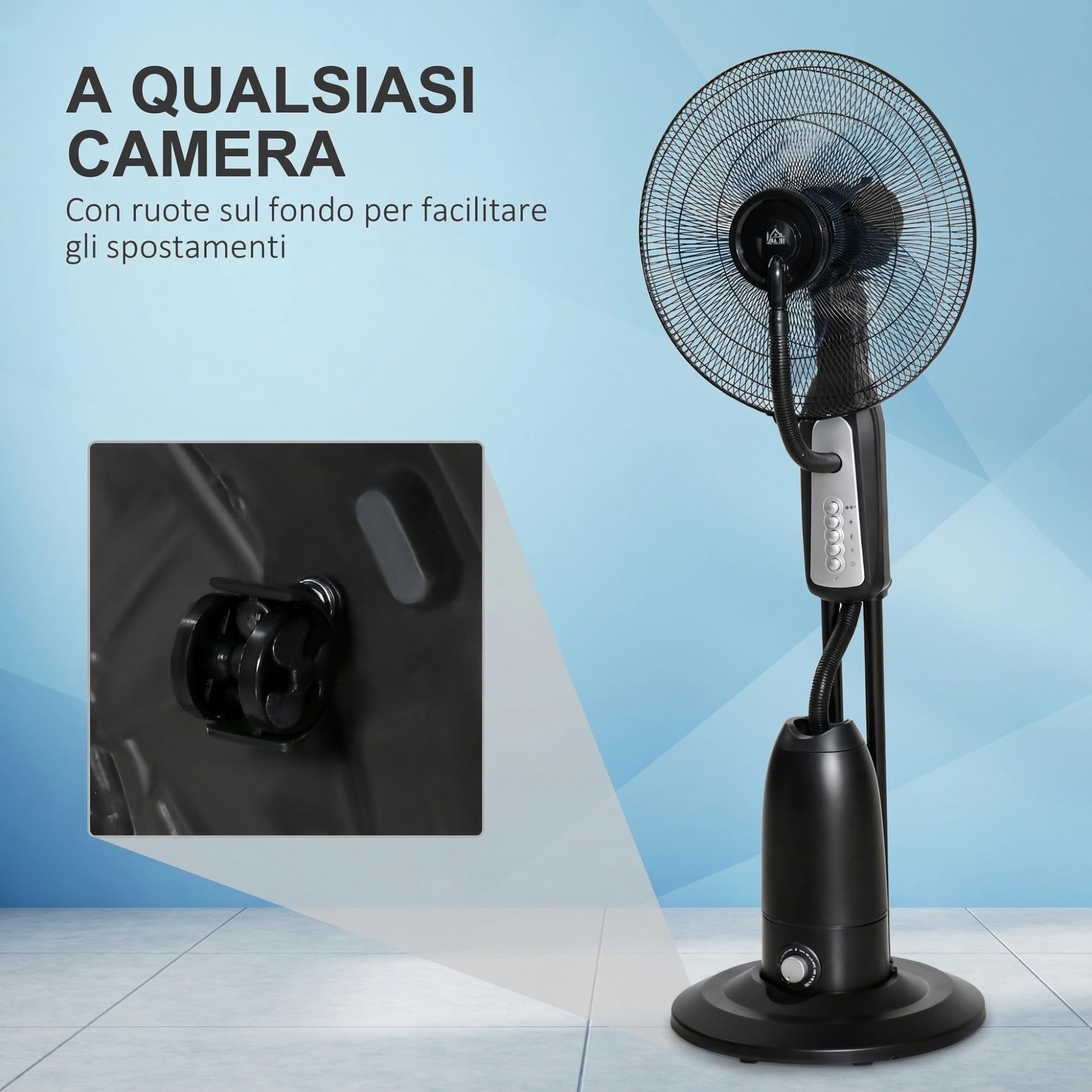 HOMCOM Ventilatore Nebulizzatore 90W con 4 Velocità e Serbatoio 2.8L, Ventilatore a Piantana con 4 Ruote, Metallo PE ABS, 44.5x44.5x120 cm, Argento e Nero