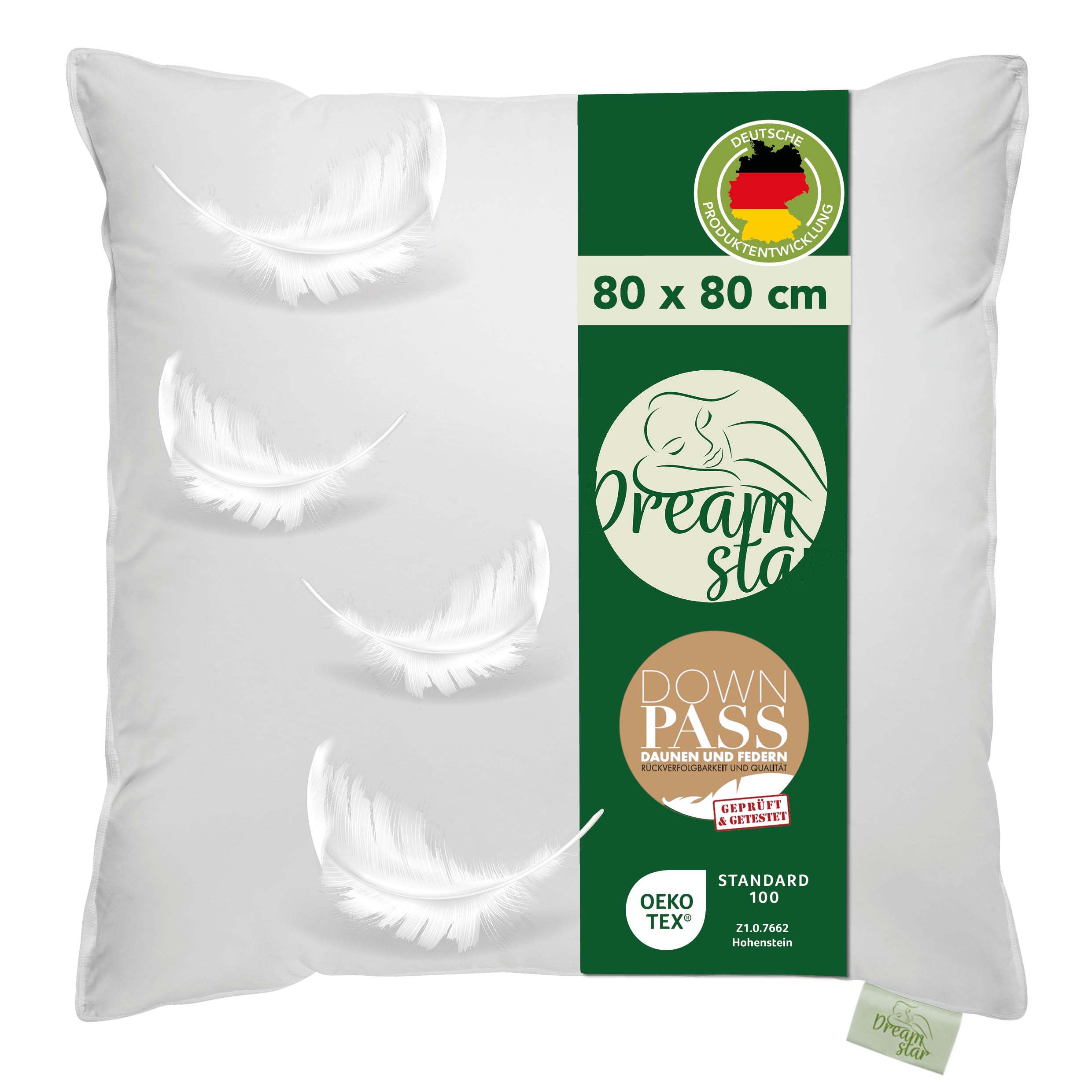DREAMSTAR Daunenkissen 80 x 80 cm | 3-Kammer Daunenkopfkissen | Kopfkissen 80 x 80 Daunen & Federn | Kissen Öko-TEX® | Top Hotelqualität | Allergiker geeignet