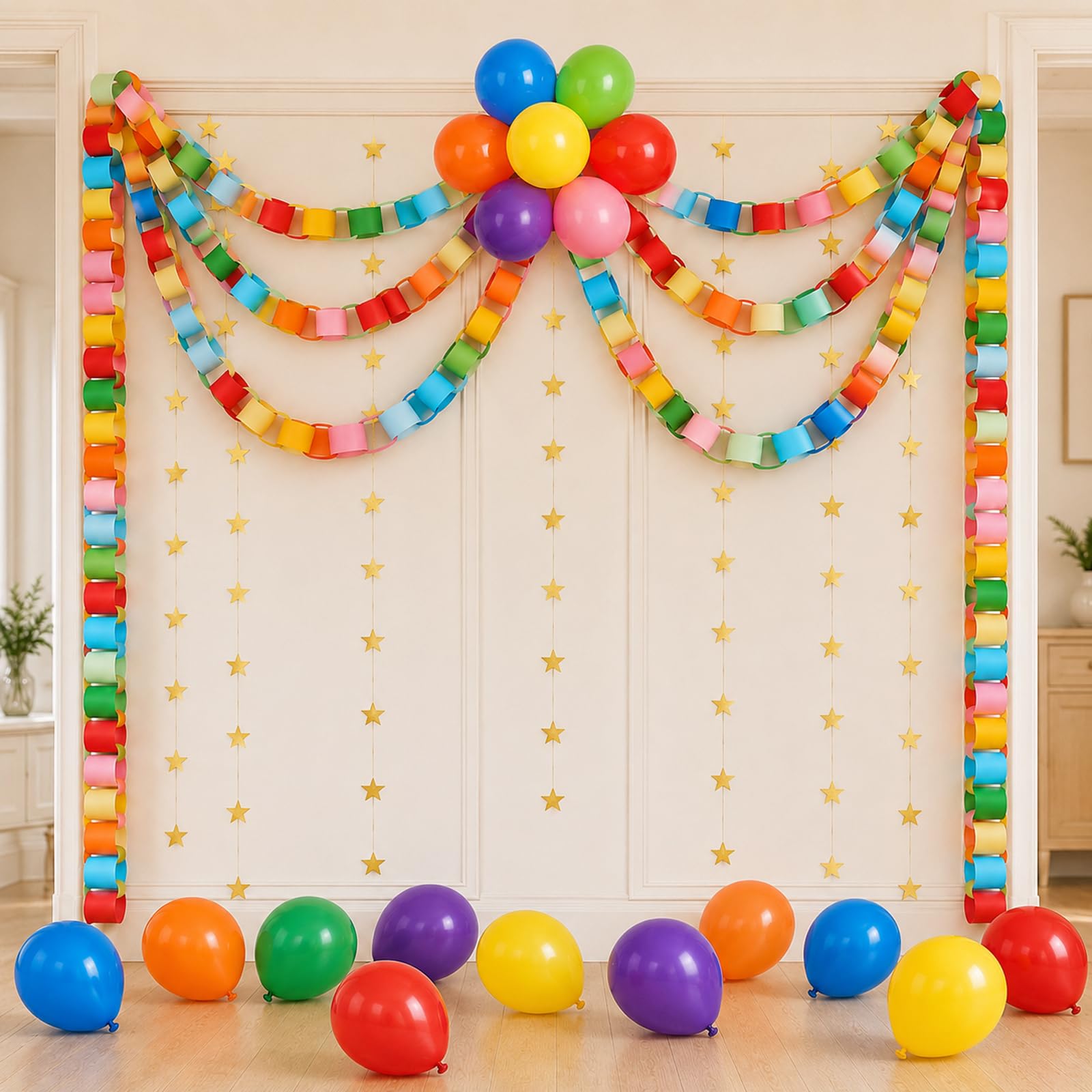 500 hojas de tiras de cadena de papel de 3 x 8 pulgadas, guirnalda de estrellas doradas de 16 m y 30 globos coloridos de arcoíris de 12 pulgadas para manualidades, cumpleaños, boda, festival