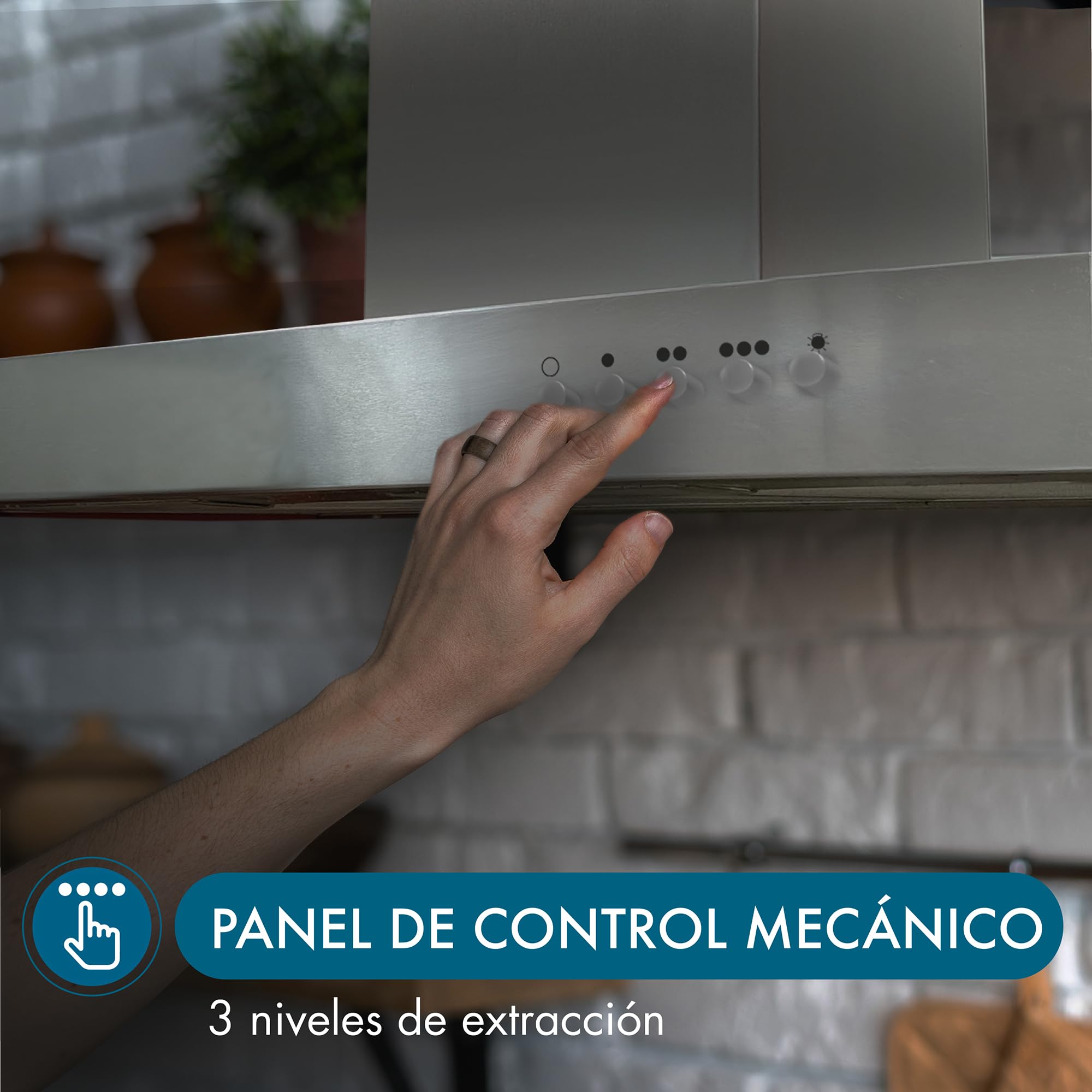 Apelson Campana extractora Cocina TALIA 601 X/A, 3 Niveles, Control Mecánico, Capacidad 301 m3/h, Silenciosa 60 dB, LED, Filtros Lavables, Consumo 67W Acero Inox