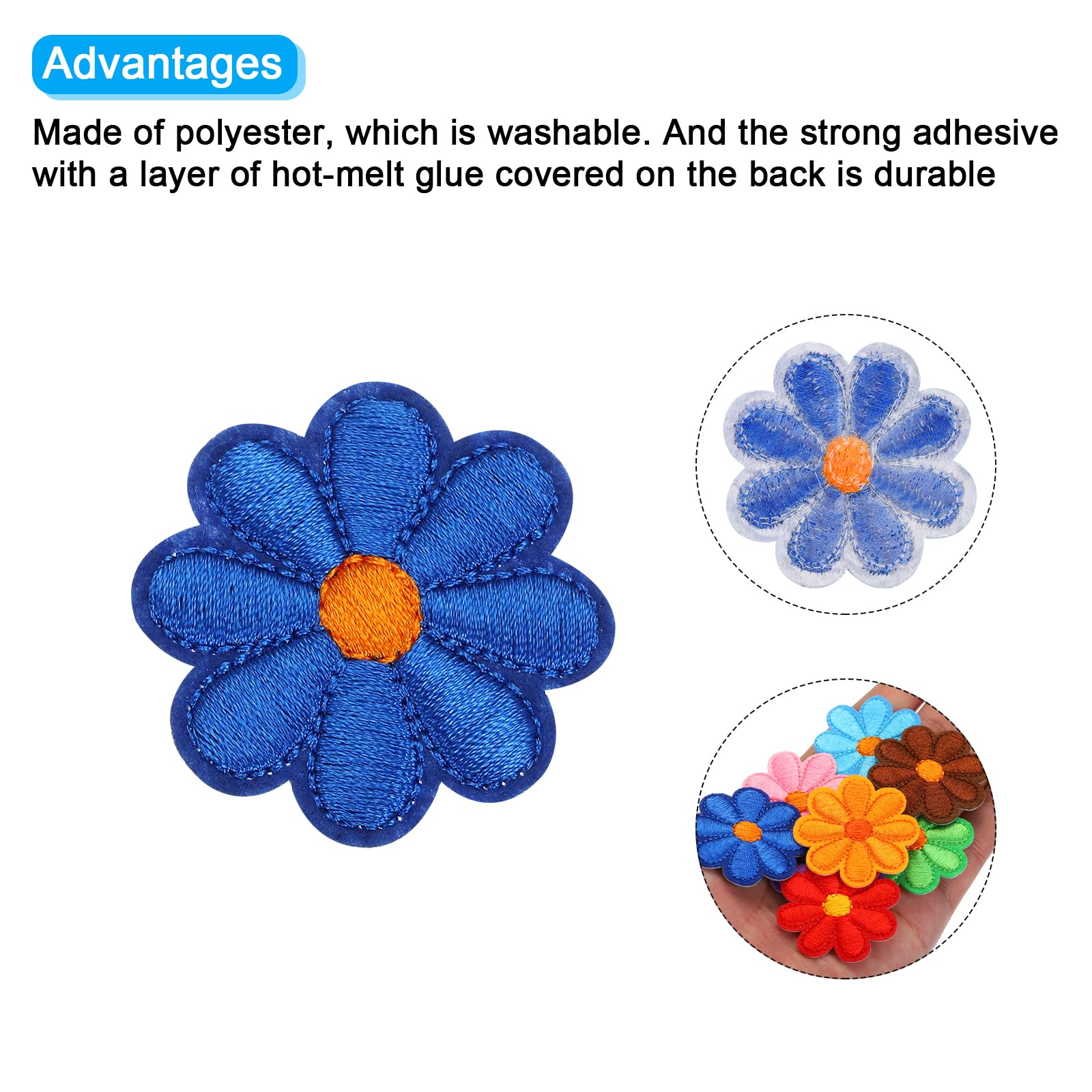 MECCANIXITY Parches bordados de flores para planchar o coser, parches de reparación de ropa, mochilas, zapatos, decoración, 90 x 90 mm, paquete de 15 (azul oscuro)