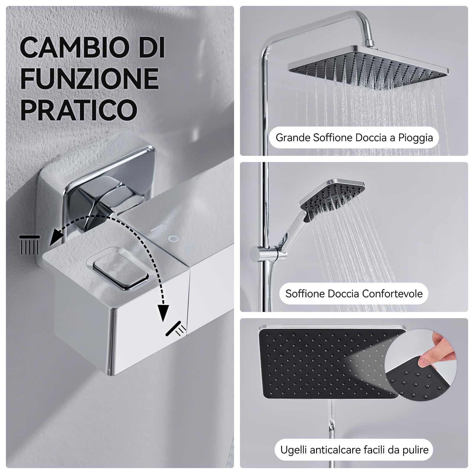 Auralum Colonna Doccia con Miscelatore Termostatico, Miscelatore Doccia Esterno, Saliscendi Doccia con Soffione Doccia 30*19cm e Doccetta 3 Getti, Saliscendi Doccia Altezza Regolabile 90-125cm, Cromo